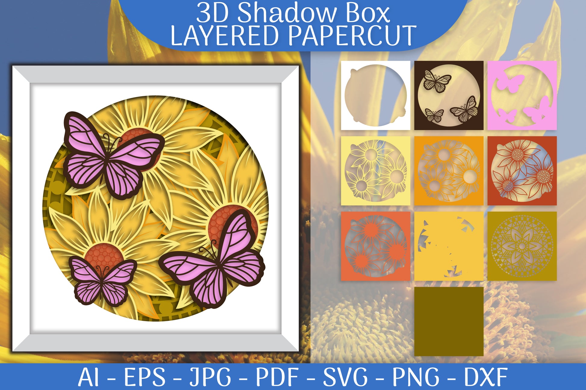 Sunflower Butterfly 3D Shadowbox Papercut SVG Bundle - CraftNest - Digital Crafting and Art