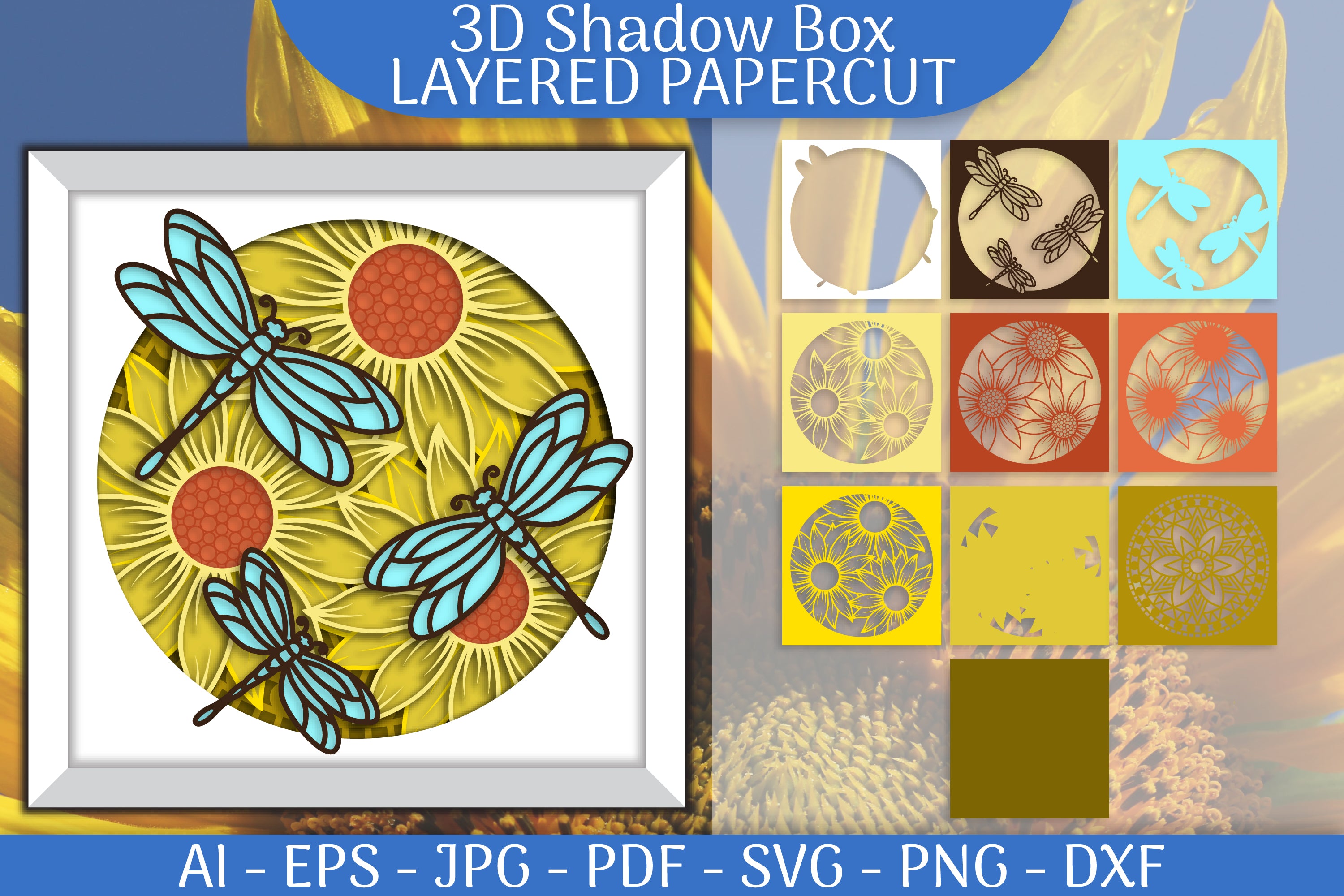 Sunflower Dragonfly 3D Shadowbox Papercut SVG Bundle - CraftNest - Digital Crafting and Art