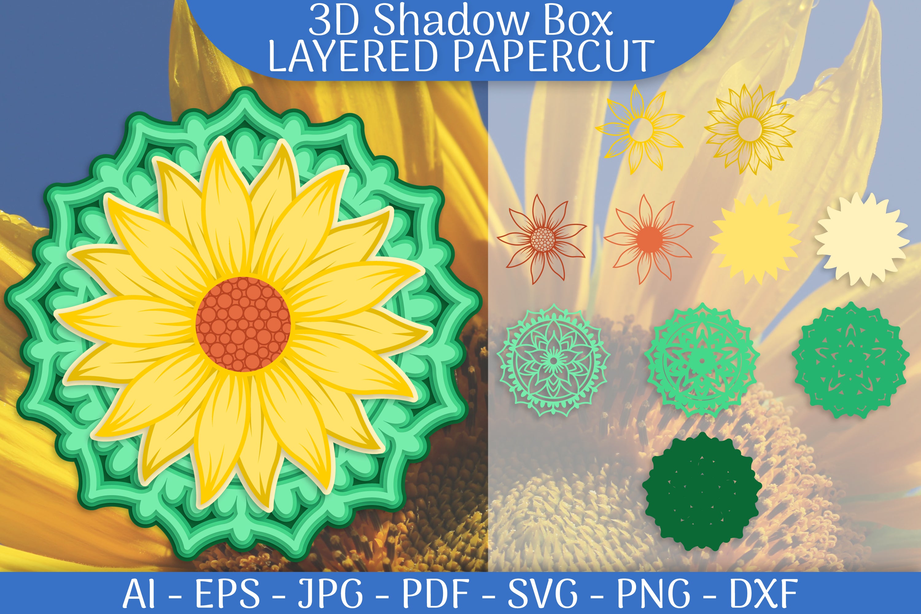Sunflower Mandala 3D Shadowbox Layered Papercut SVG Bundle - CraftNest - Digital Crafting and Art