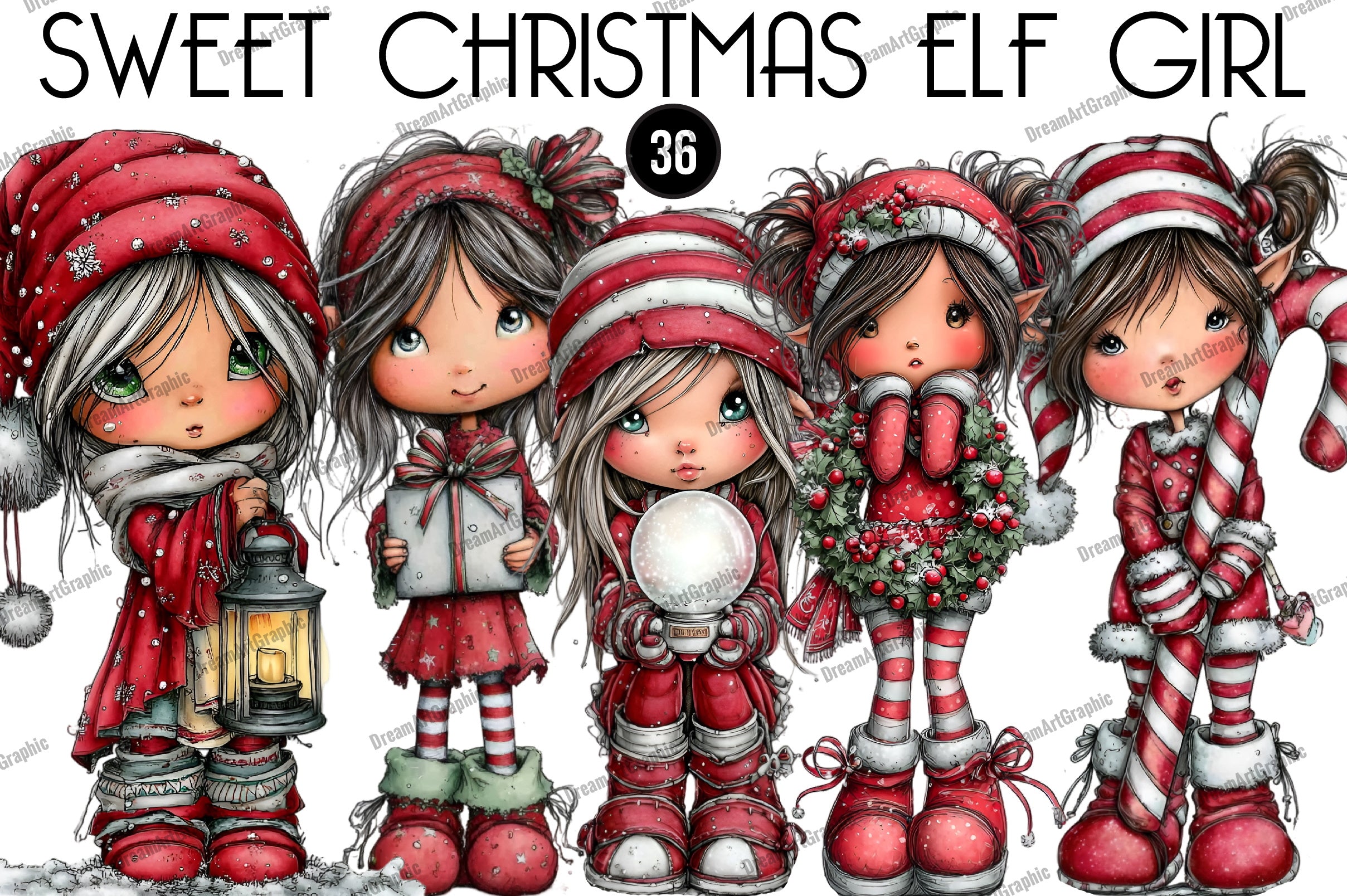 Sweet Christmas Elf Girl Clipart Bundle