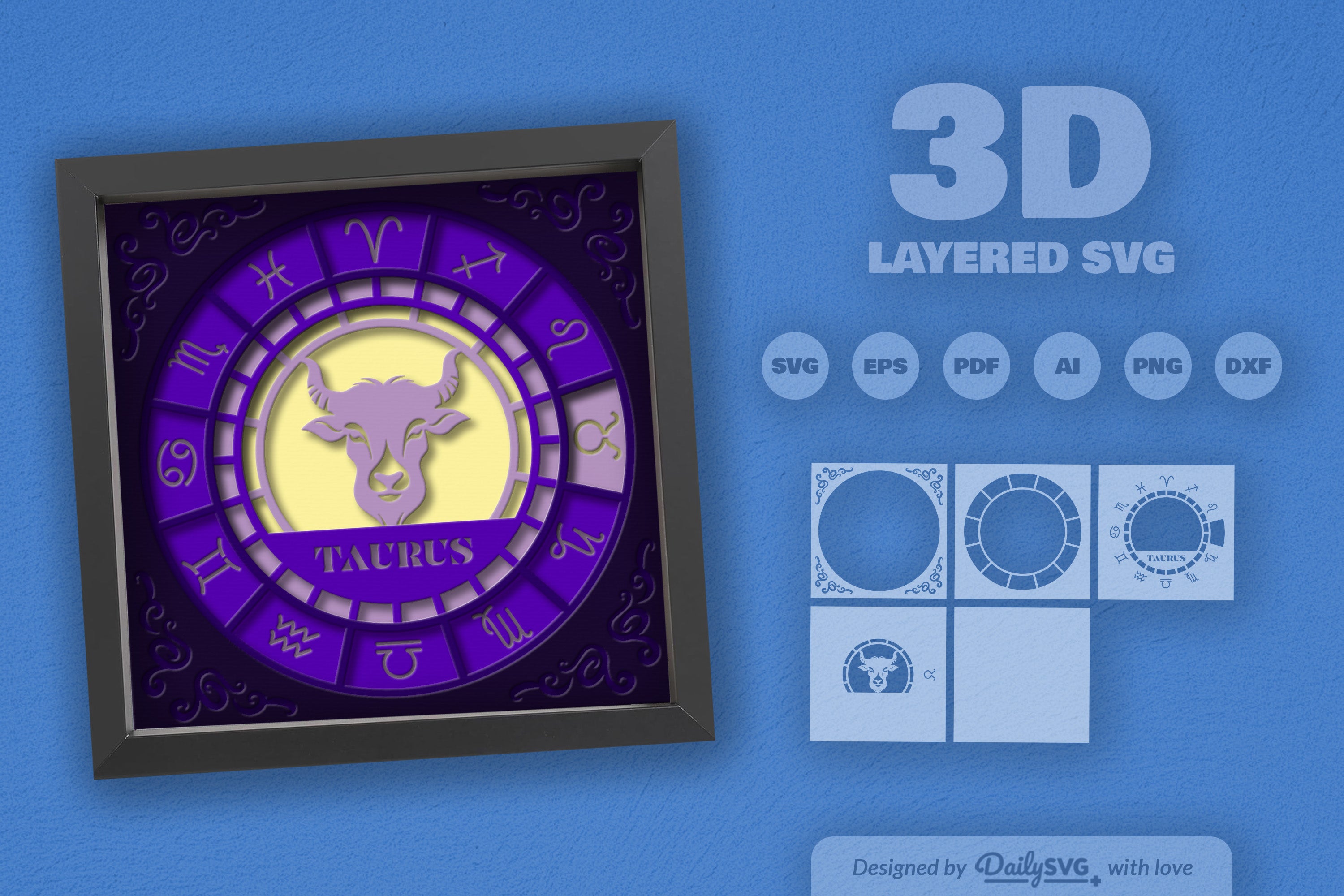 Taurus Zodiac 3D Shadow Box Papercut SVG Bundle