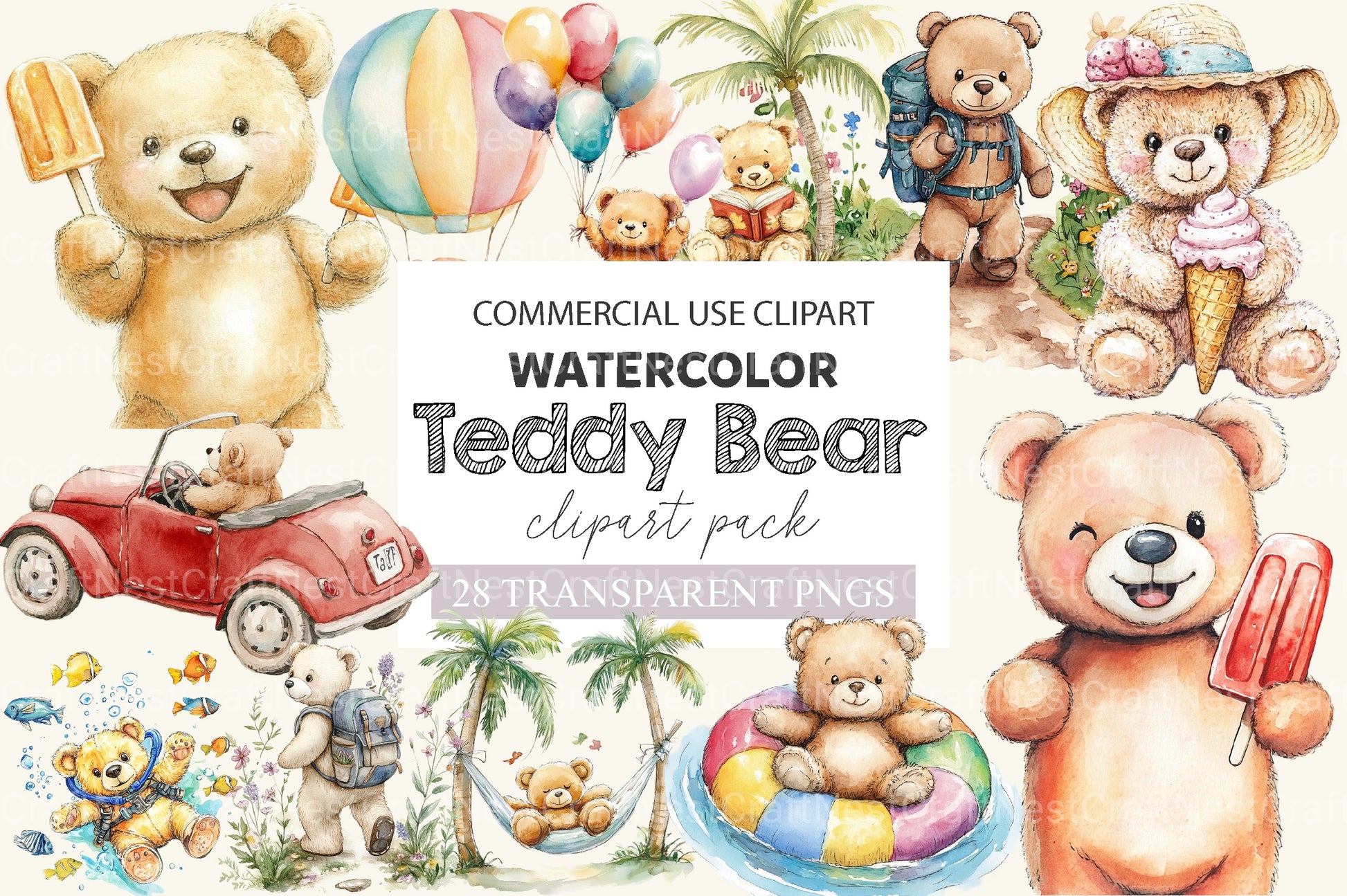 Teddy Bear Summer Vacation Clipart Bundle - CraftNest - Digital Crafting and Art