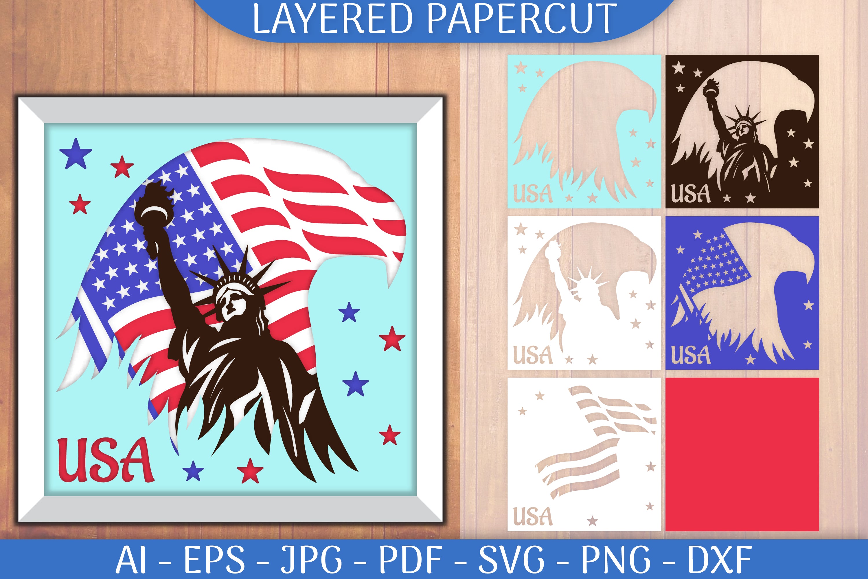 USA Flag Statue of Liberty Eagle Papercut SVG Bundle