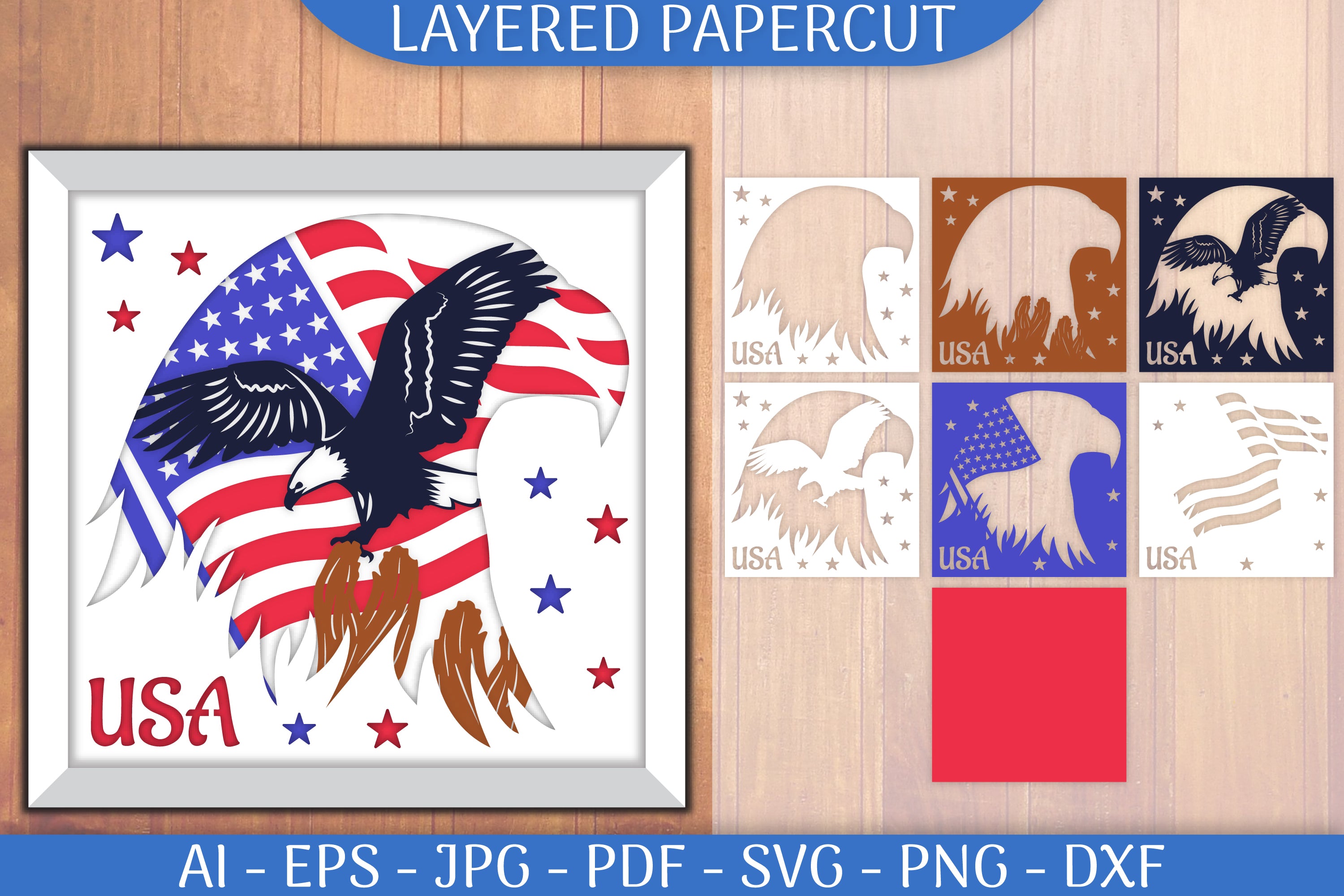 USA Flag Eagle Head Layered Papercut SVG Bundle