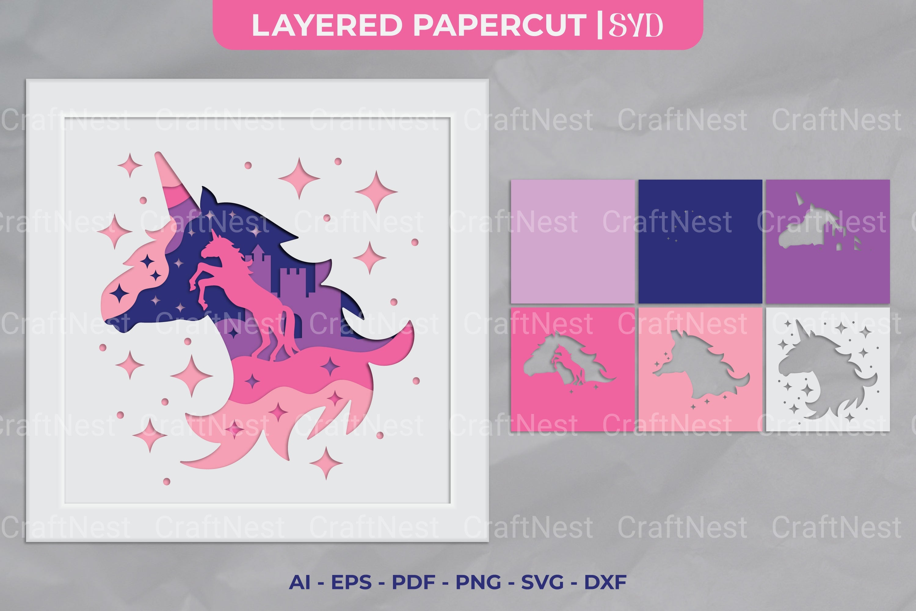 Unicorn 3D Layered Papercut SVG Clipart Bundle