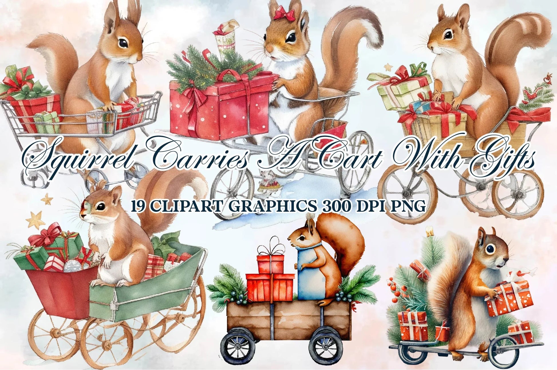 Squirrel Carries A Cart With Gifts Clipart Bundle - CraftNest - Digital Crafting and Art