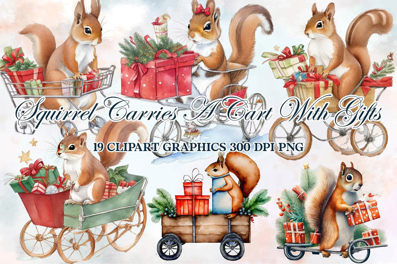 Squirrel Carries A Cart With Gifts Clipart Bundle - CraftNest - Digital Crafting and Art