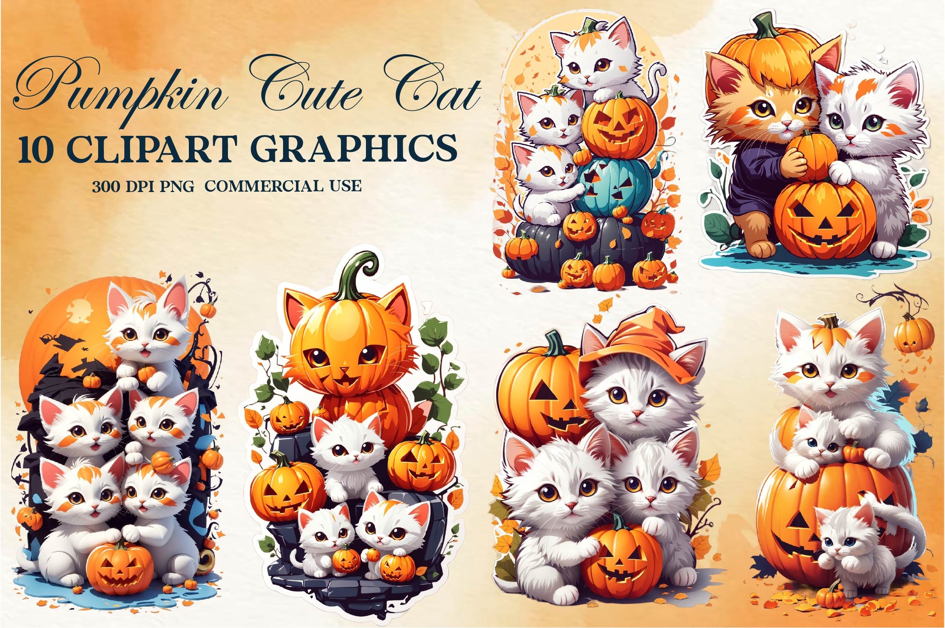 Pumpkin Cute Cat Clipart Bundle - CraftNest - Digital Crafting and Art