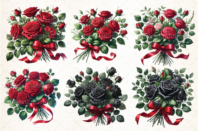 Red & Black Rose Bouquet Clipart Bundle - CraftNest - Digital Crafting and Art