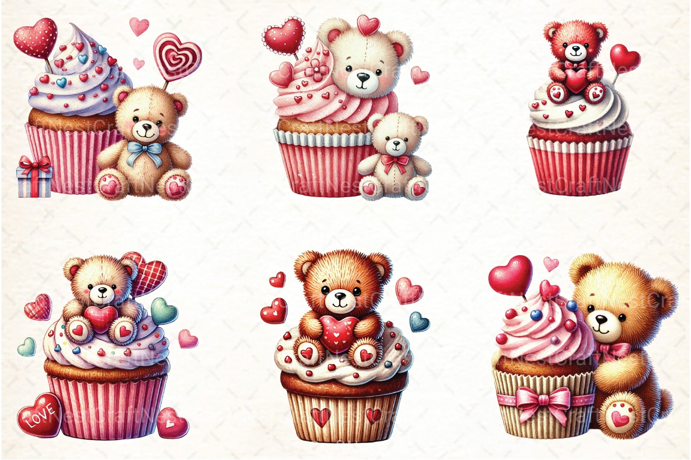 Valentine's Day Teddy Bear & Cupcake Clipart Bundle - CraftNest - Digital Crafting and Art