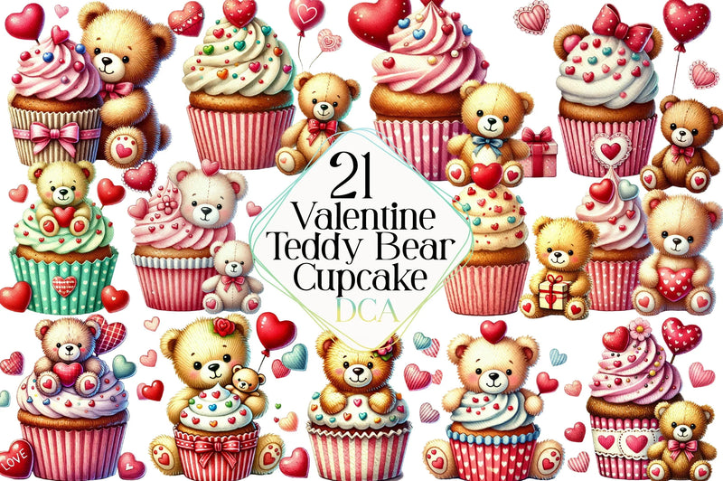 Valentine's Day Teddy Bear & Cute Cupcake Clipart Bundle - CraftNest - Digital Crafting and Art