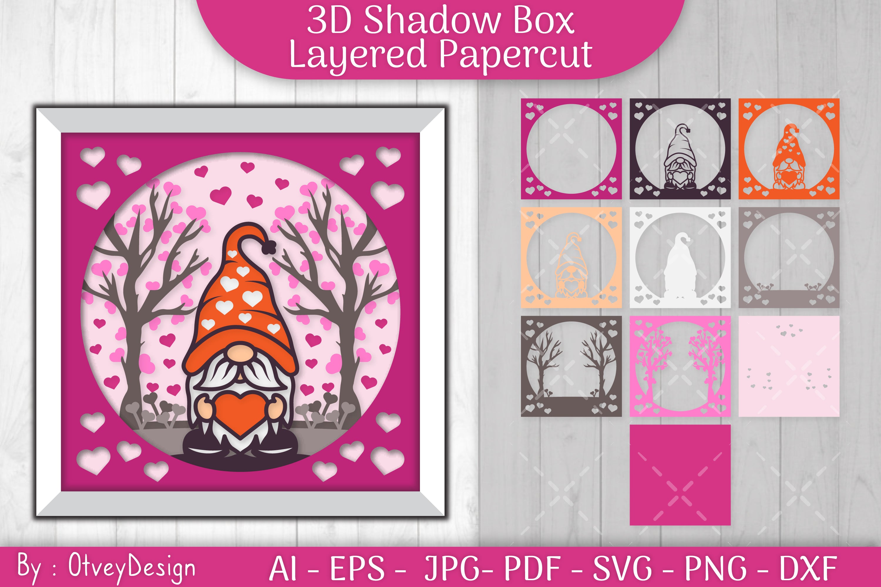 Valentine Gnome Shadow Box SVG Bundle