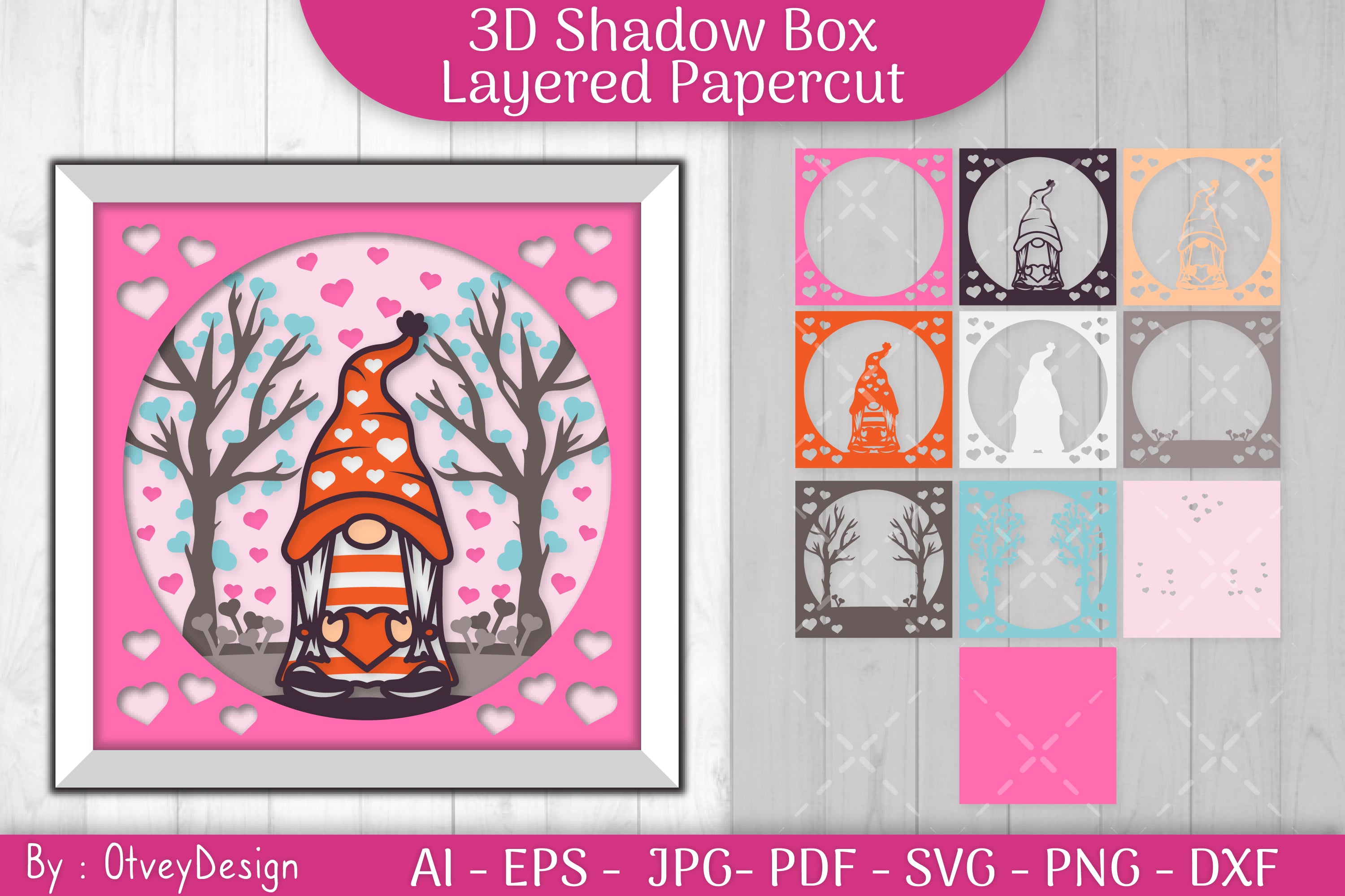 Valentine Gnome Shadow Box SVG Bundle