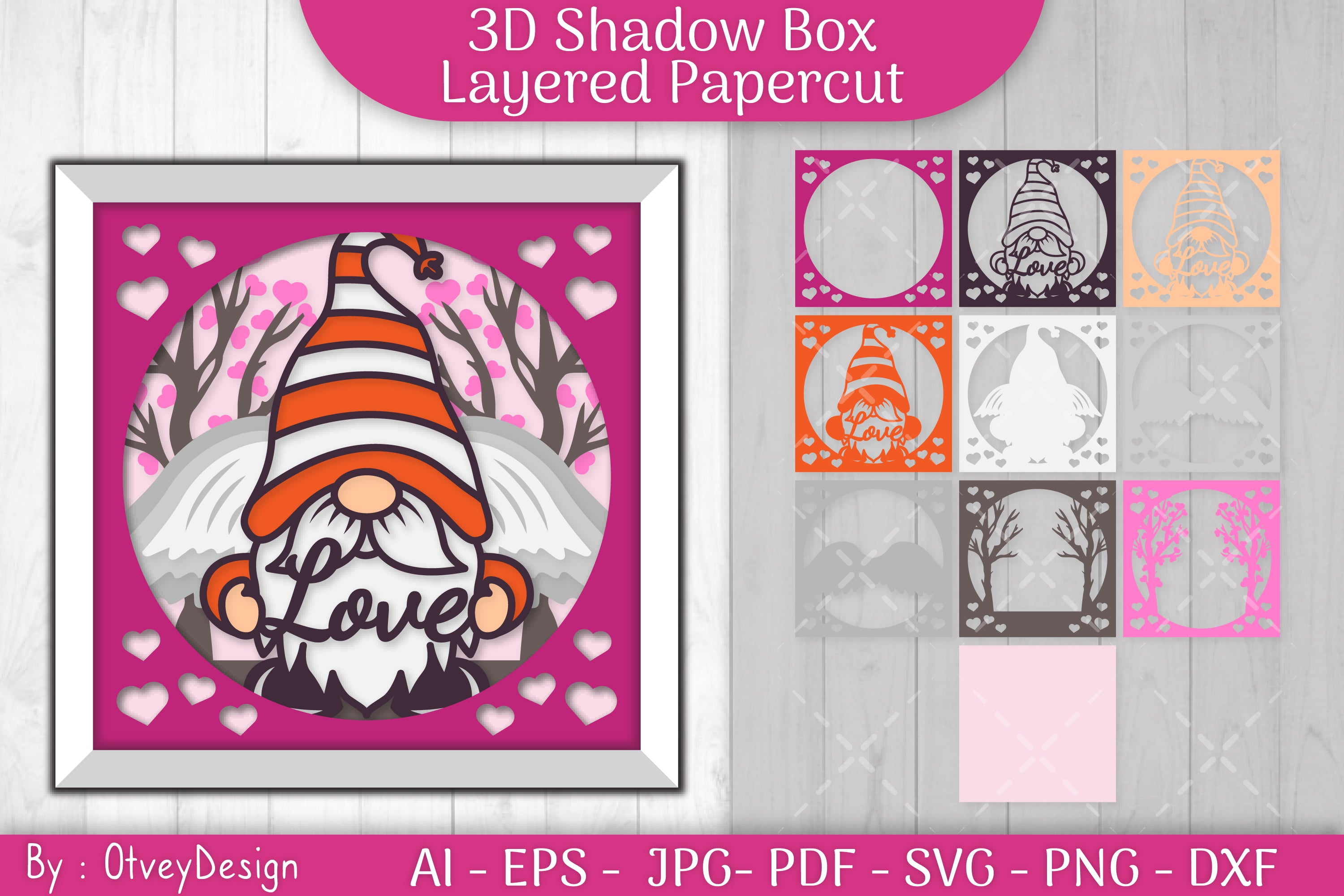 Valentine Gnome Shadow Box SVG Bundle