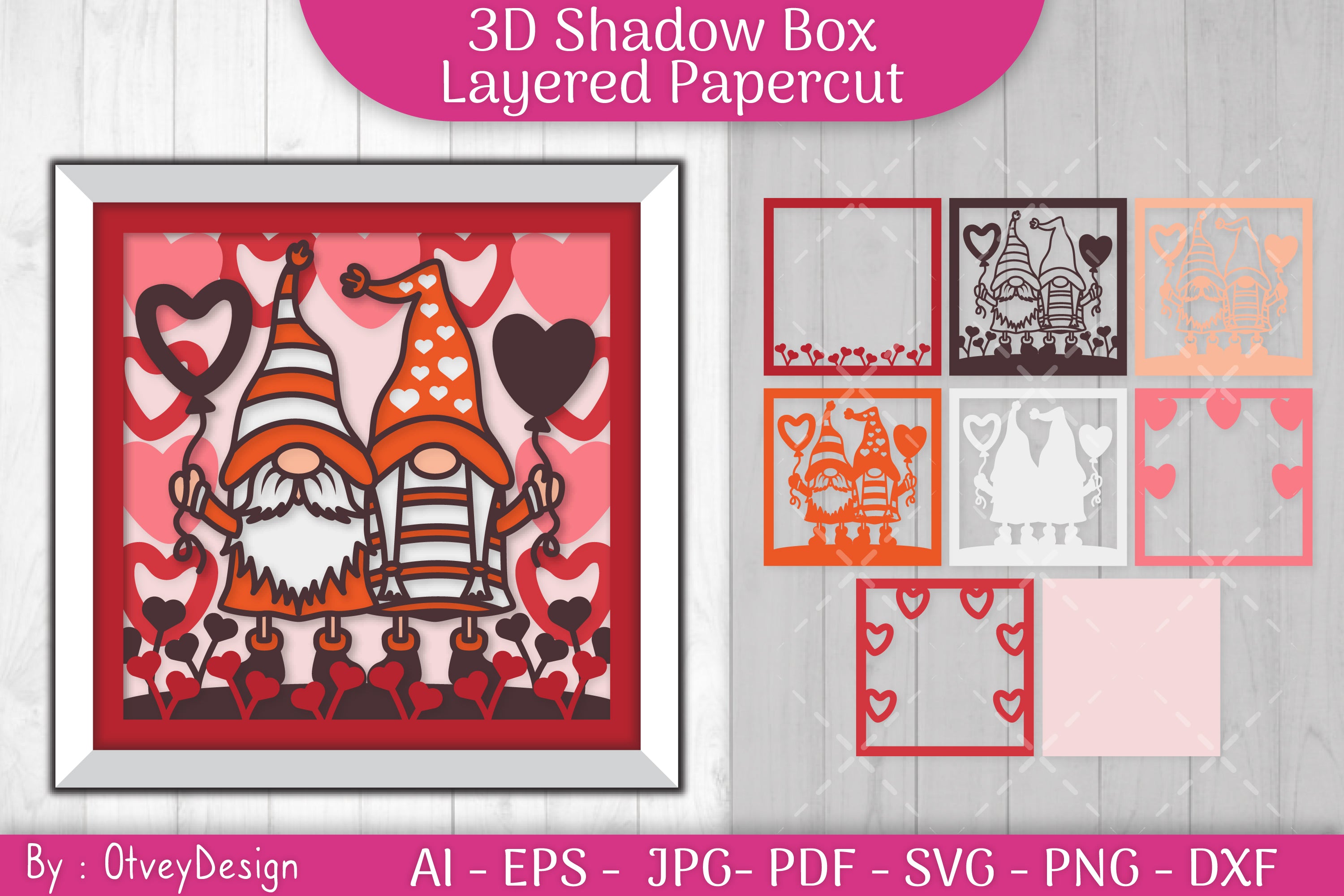 Valentine Gnome Shadow Box SVG Bundle