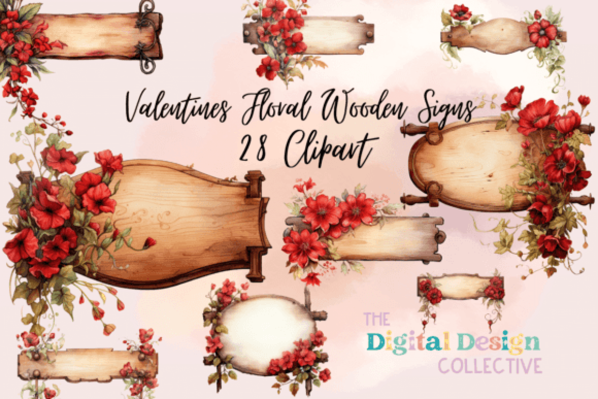 Vintage Valentine's Floral Wooden Sign Clipart Bundle - CraftNest - Digital Crafting and Art