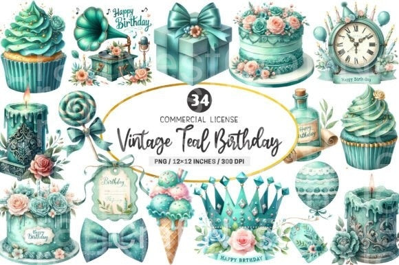 Vintage Soft Teal Birthday Clipart Bundle 1 - CraftNest - Digital Crafting and Art