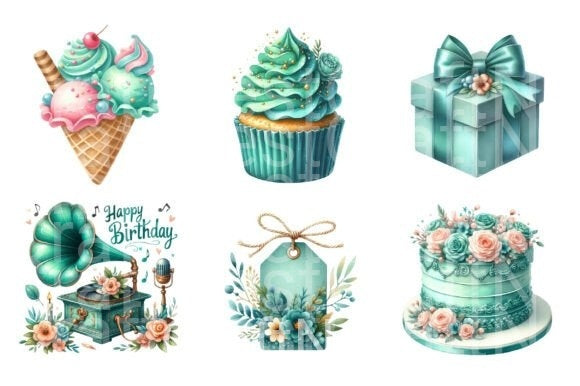 Vintage Soft Teal Birthday Clipart Bundle 1 - CraftNest - Digital Crafting and Art