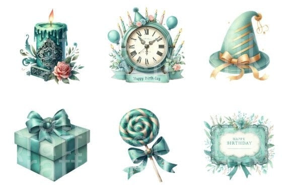 Vintage Soft Teal Birthday Clipart Bundle 1 - CraftNest - Digital Crafting and Art