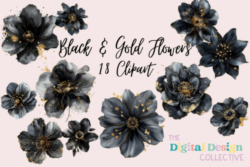 Elegant Black Gold Floral Clipart Bundle - CraftNest - Digital Crafting and Art