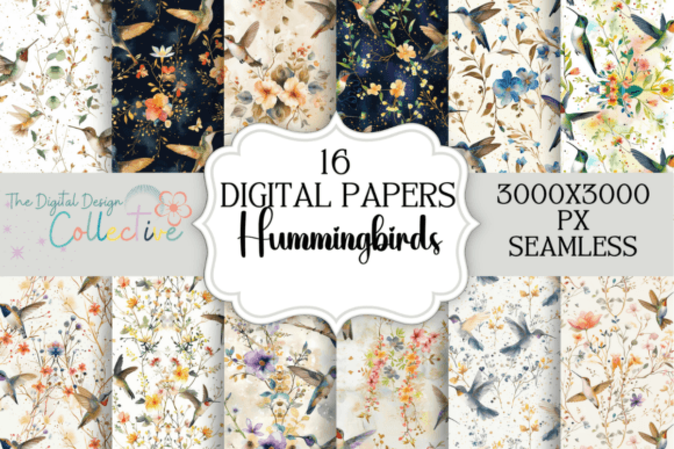 Vibrant Hummingbird Digital Patterns Collection