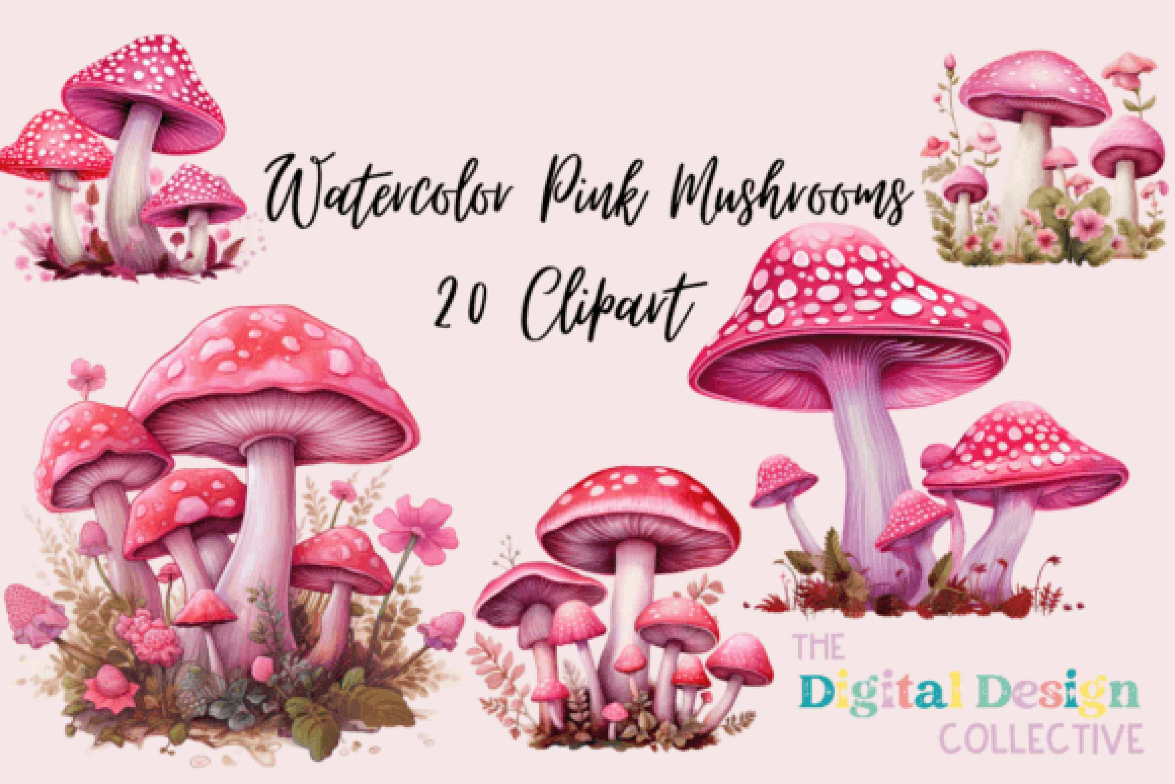 Pink Mushroom Clipart Bundle