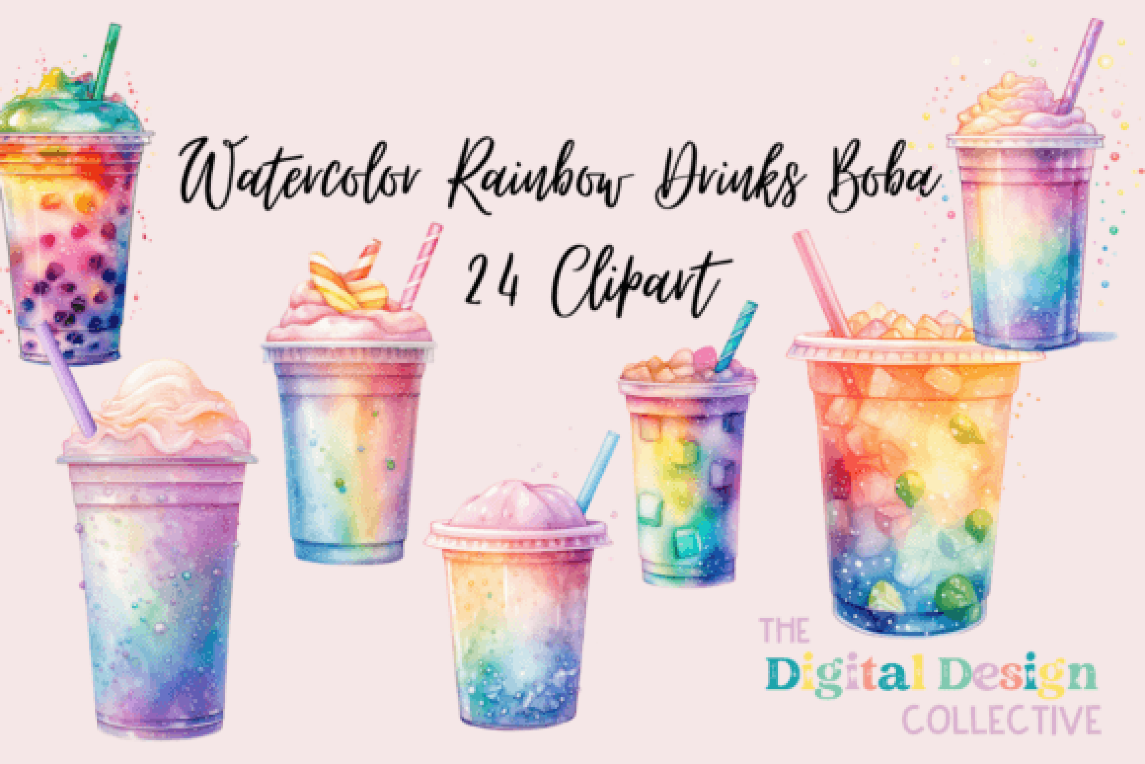 Rainbow Boba Drinks Clipart Bundle
