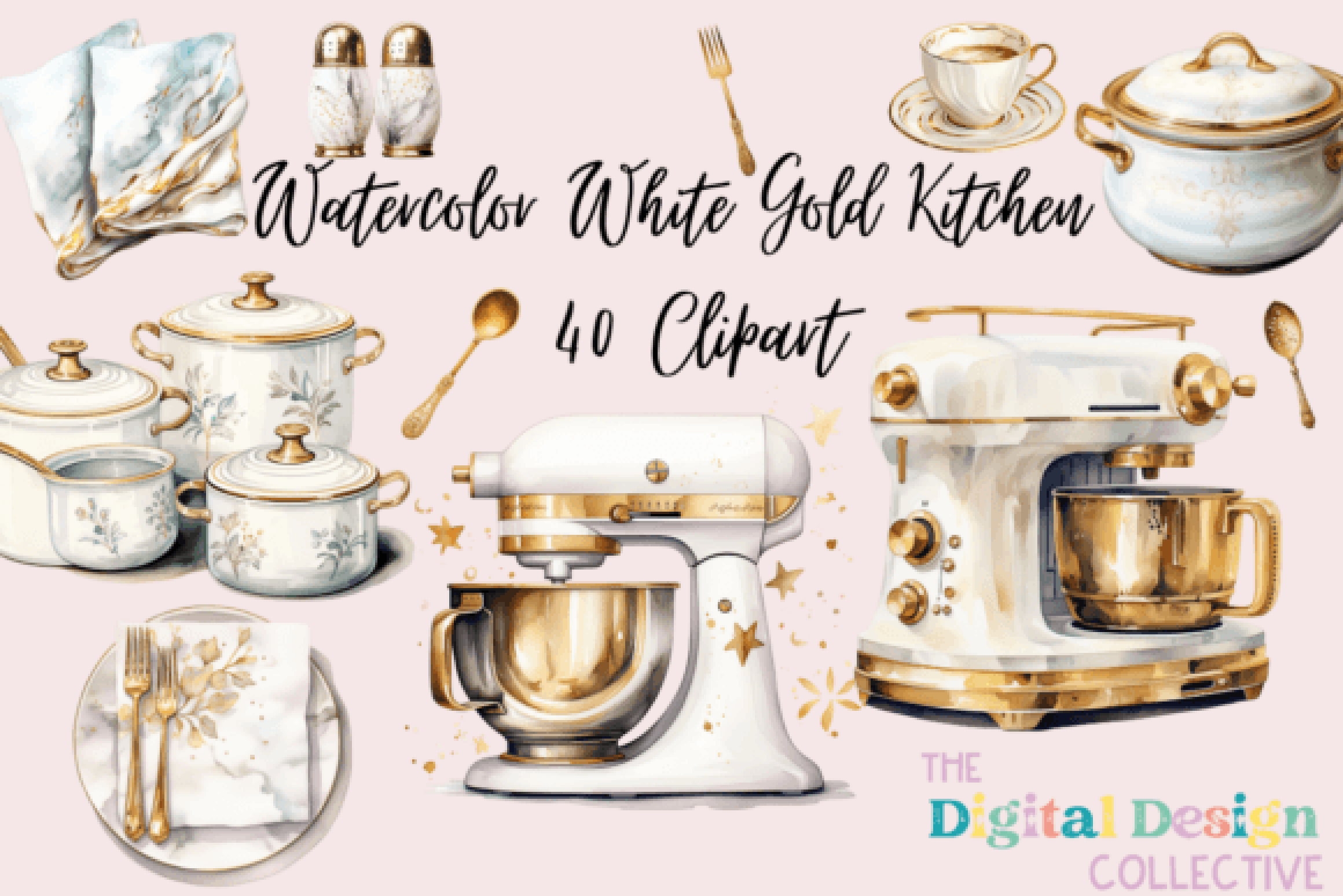 Elegant White Gold Kitchen Clipart Bundle