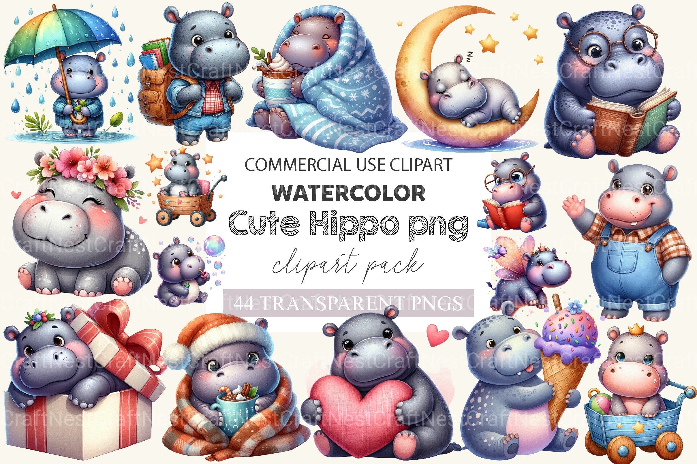 Cute Hippo Clipart Bundle - CraftNest - Digital Crafting and Art