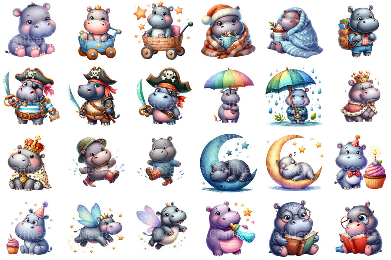 Cute Hippo Clipart Bundle - CraftNest - Digital Crafting and Art