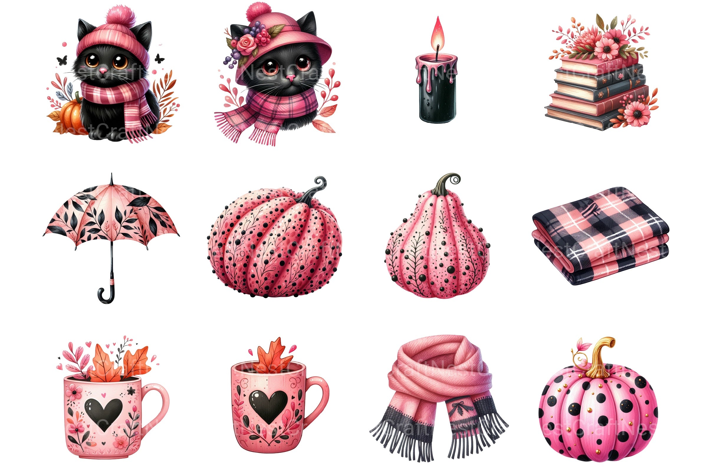 Pink And Black Autumn Clipart Bundle 2 - CraftNest - Digital Crafting and Art