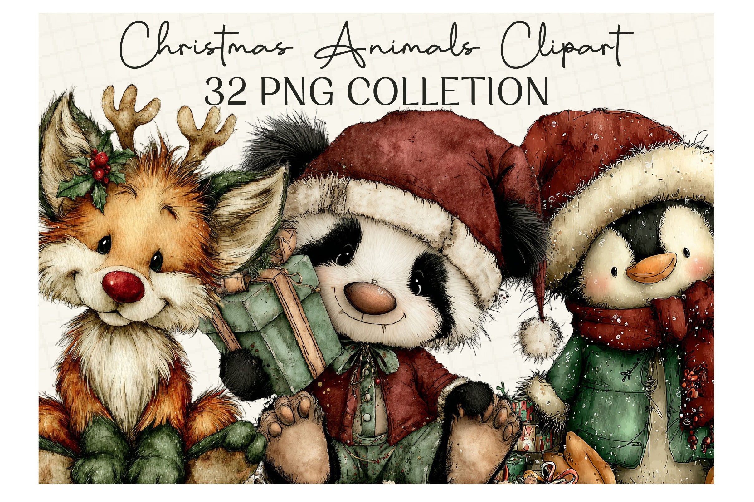 Whimsical Christmas Animals Clipart Bundle