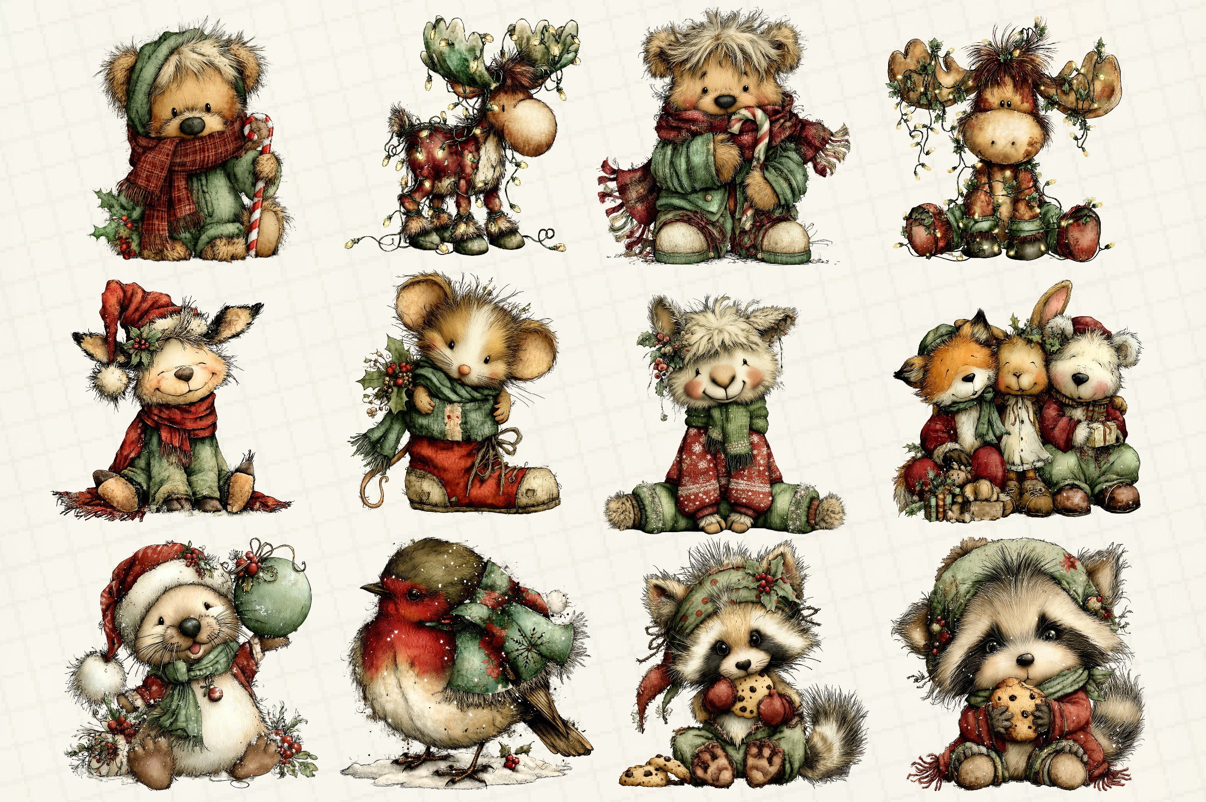 Whimsical Christmas Animals Clipart Bundle