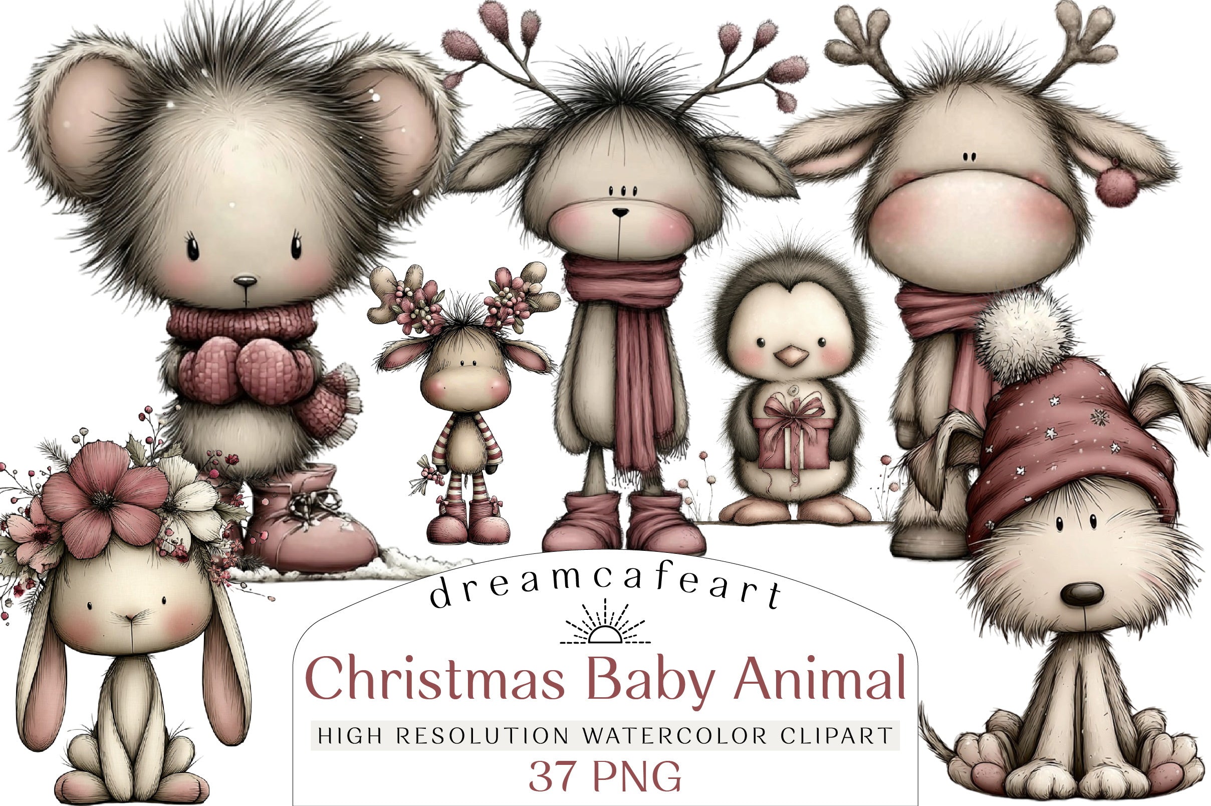 Whimsical Christmas Baby Animal Clipart Bundle