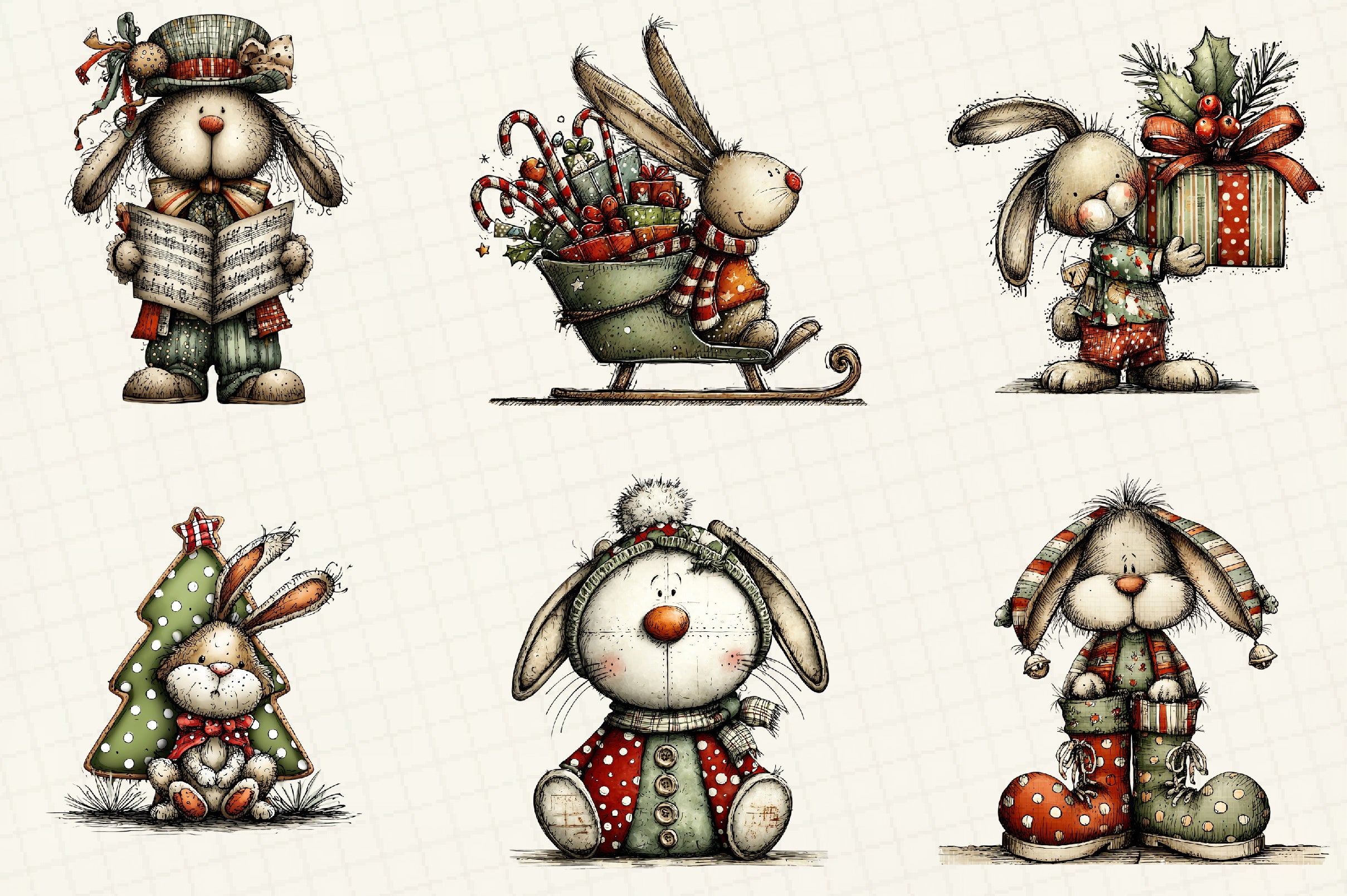 Whimsical Christmas Bunny Clipart Bundle