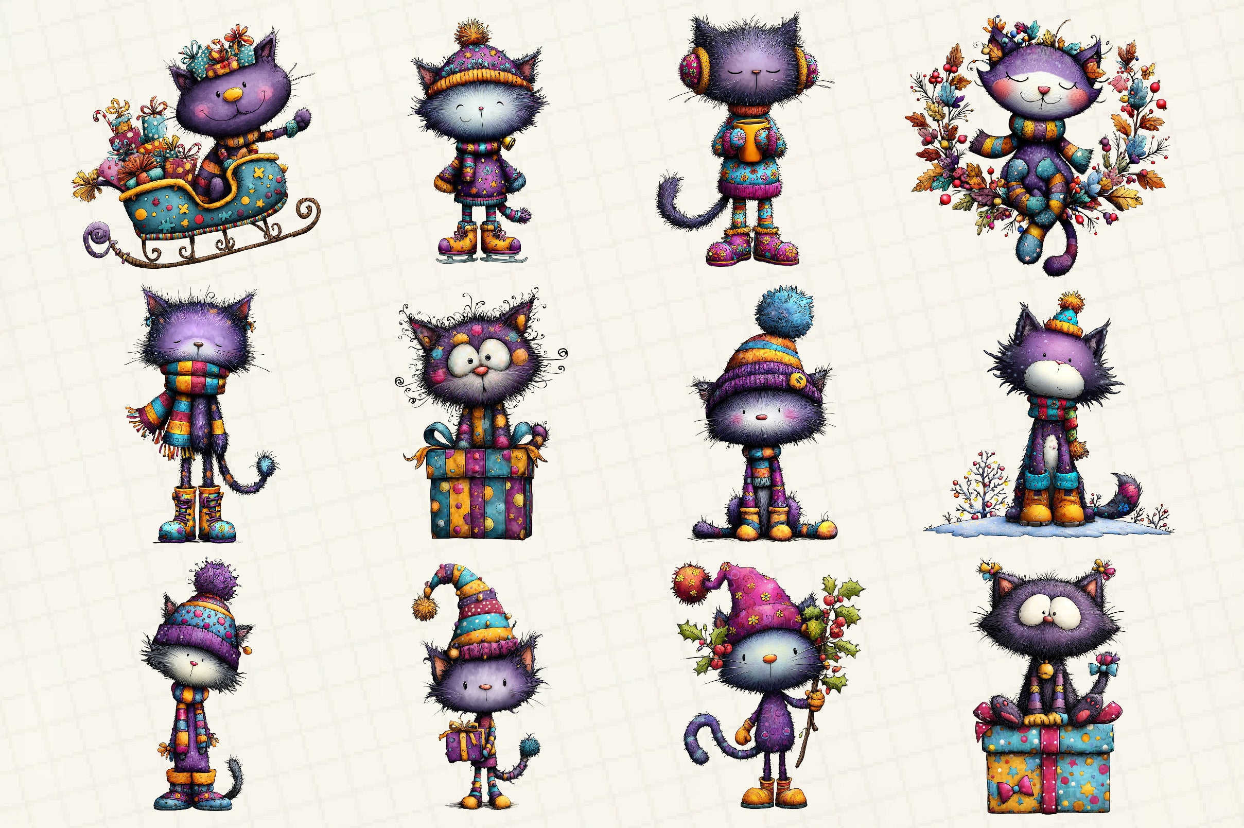 Whimsical Christmas Cat Clipart Bundle