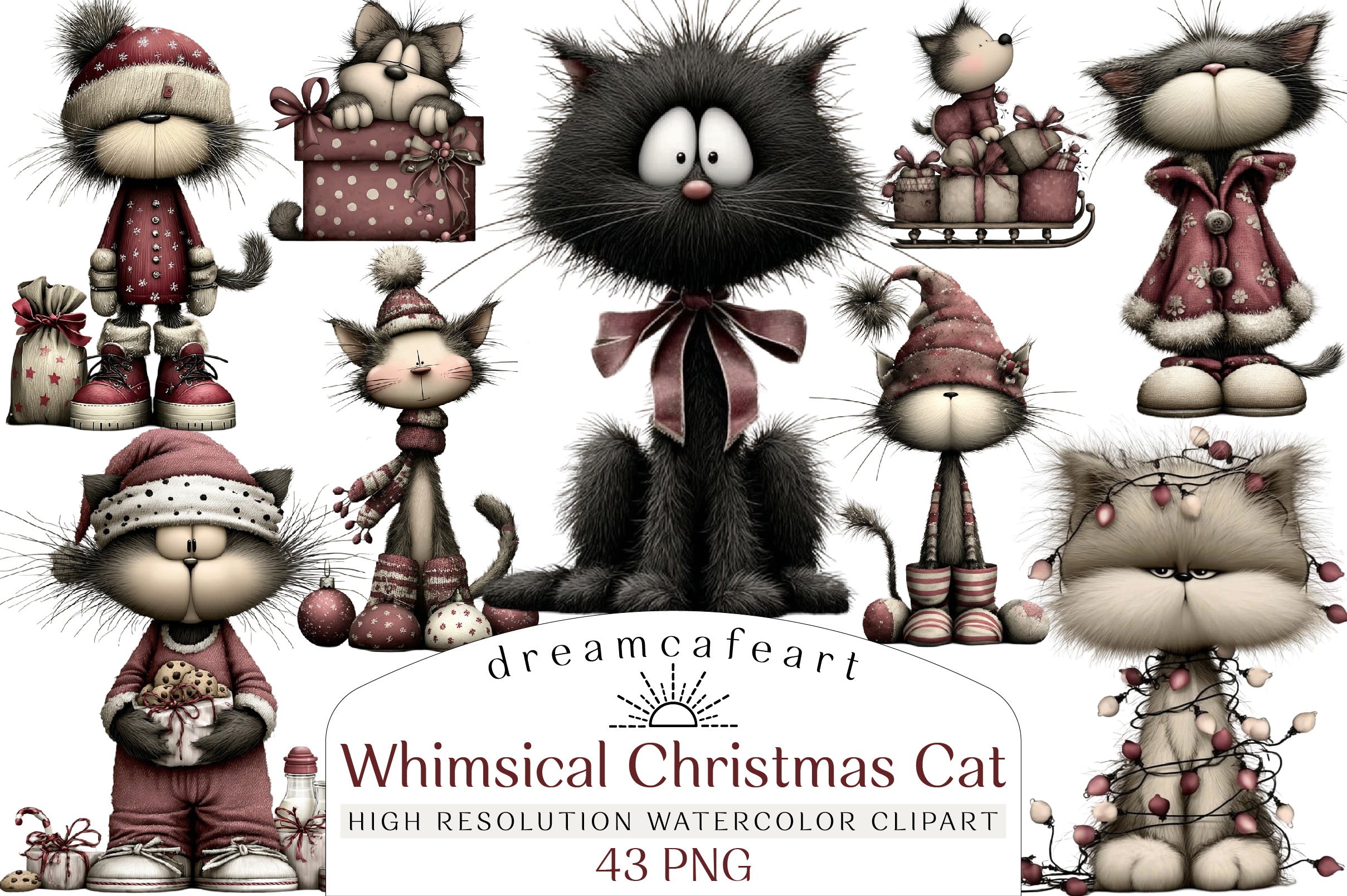 Whimsical Christmas Cat Clipart Design Bundle