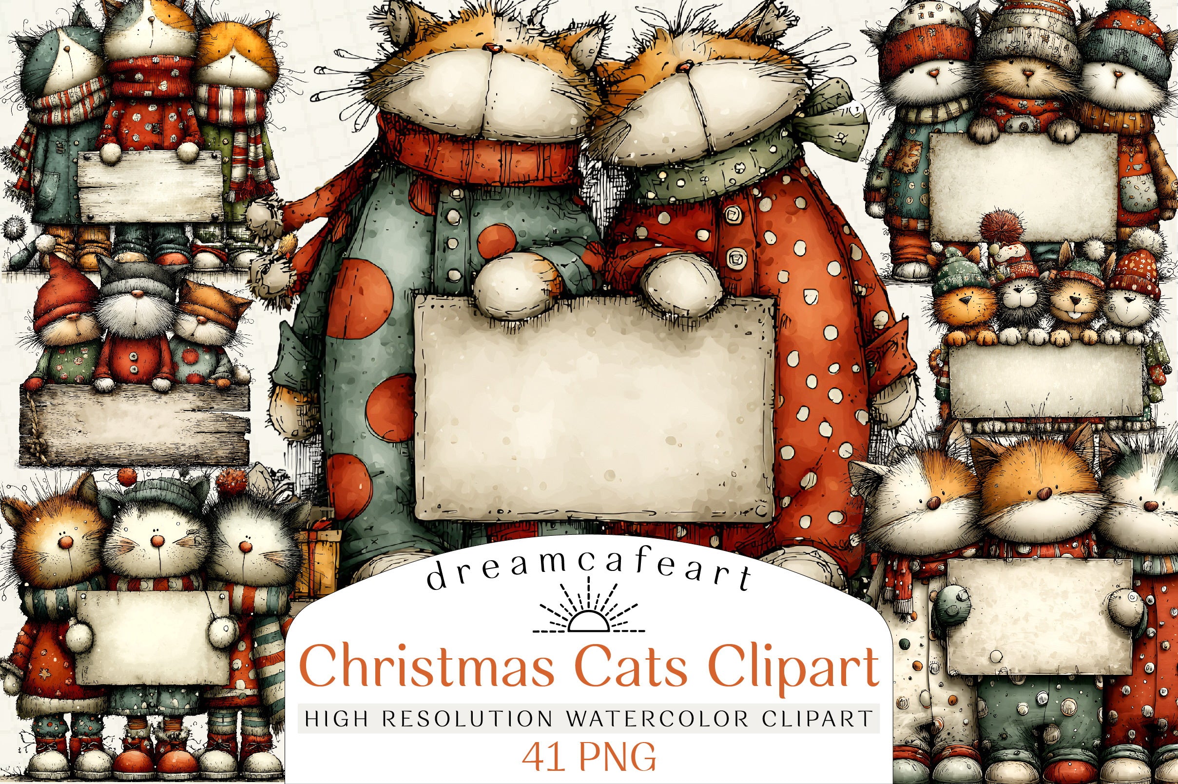 Whimsical Christmas Cats Clipart Bundle