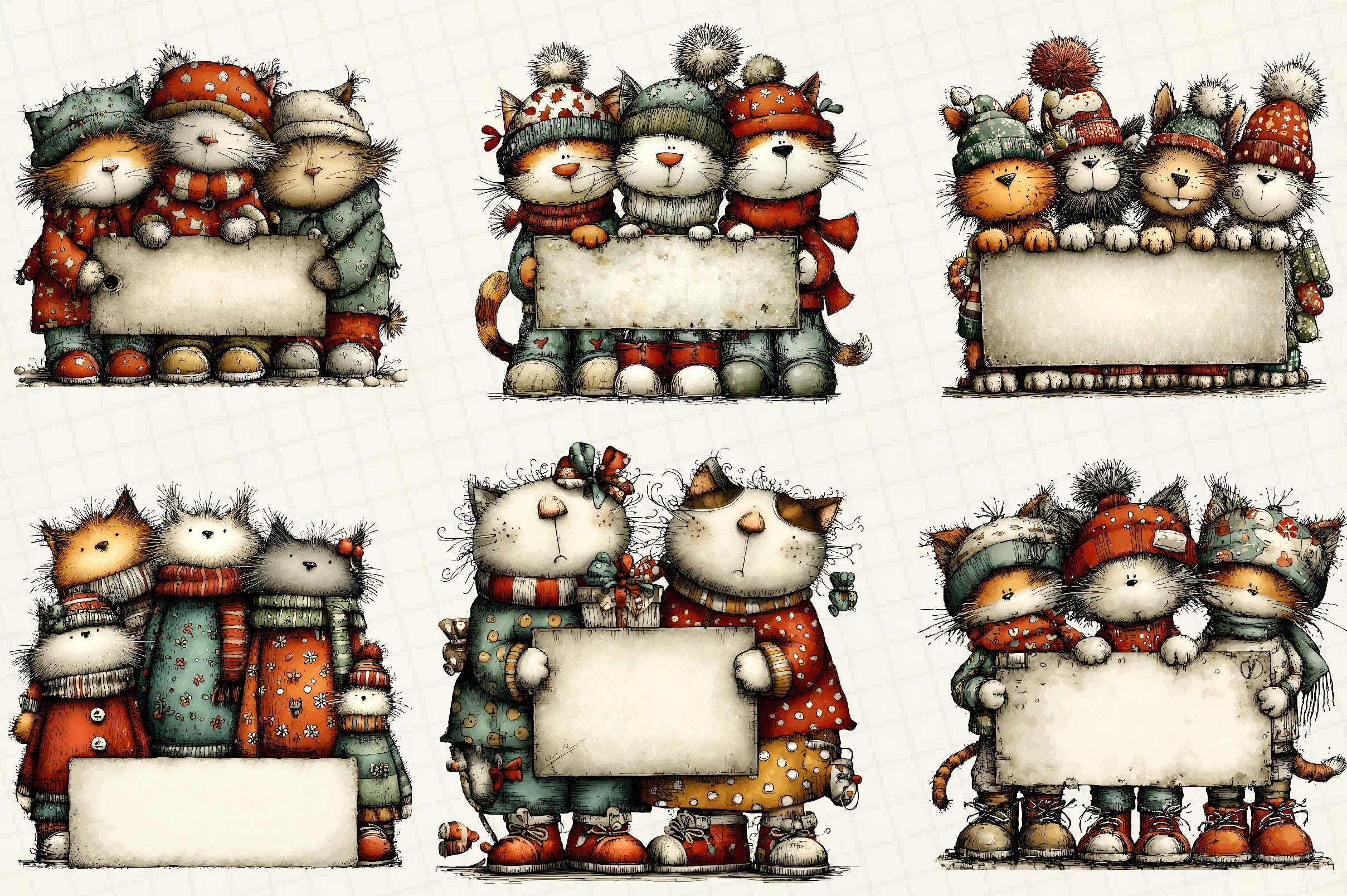 Whimsical Christmas Cats Clipart Bundle