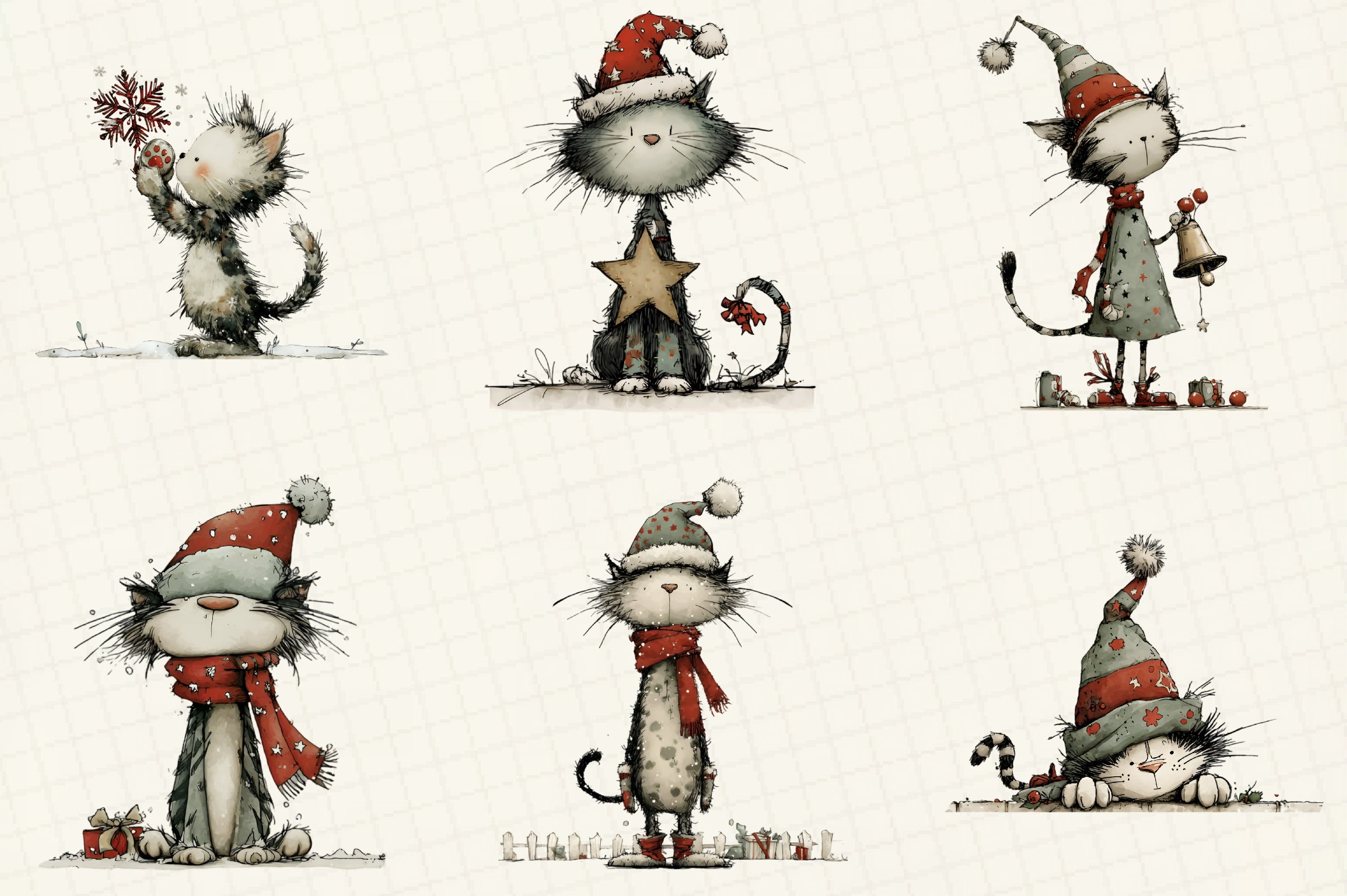 Whimsical Christmas Cats Clipart Bundle
