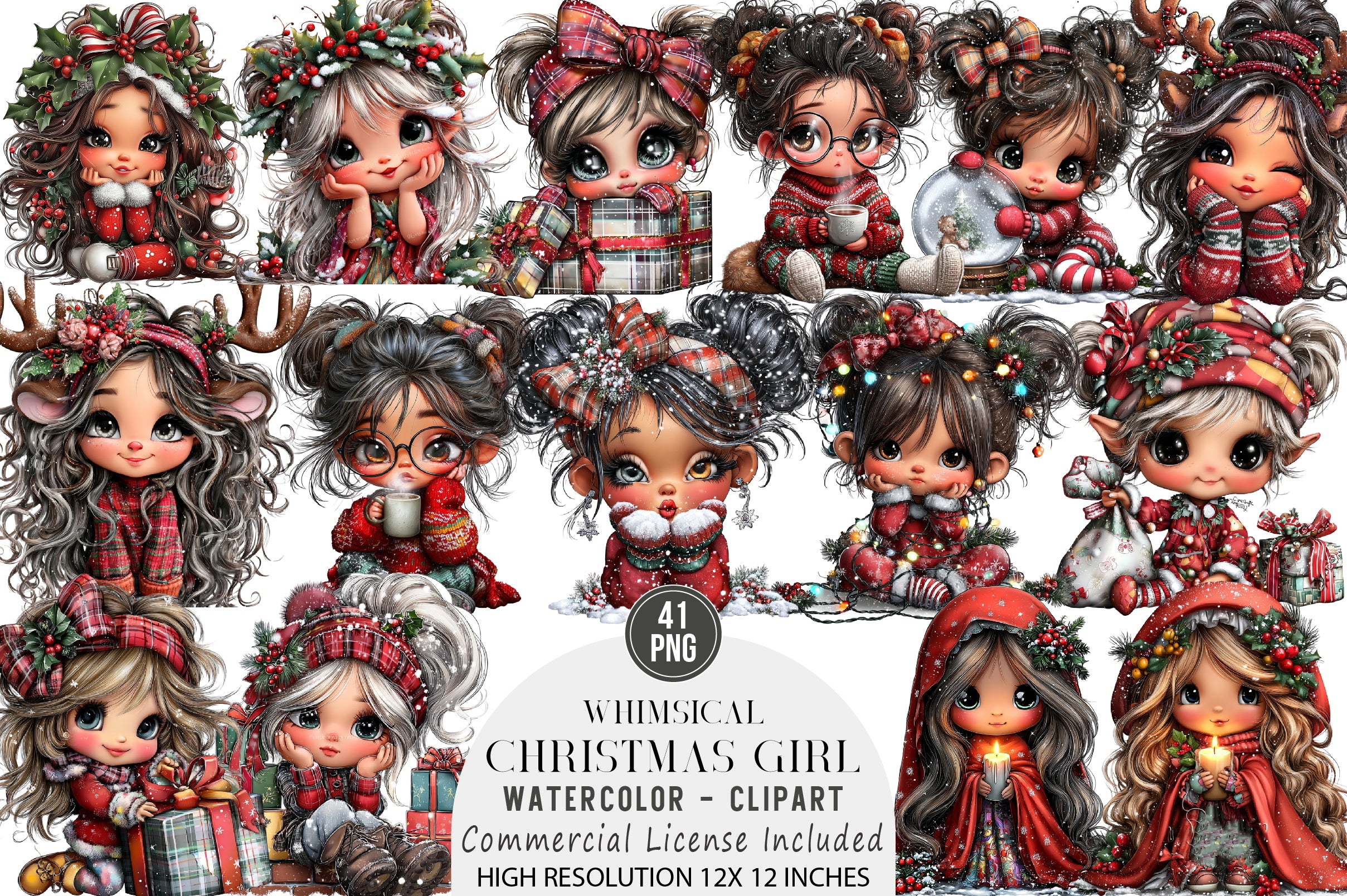 Whimsical Christmas Girl Clipart Bundle