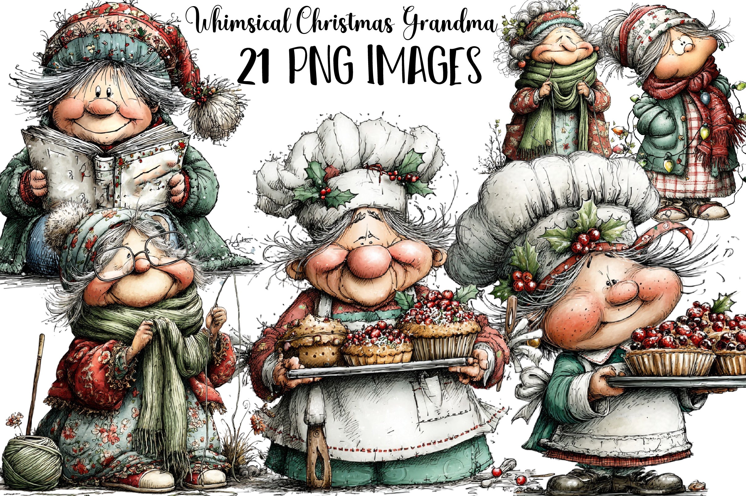 Whimsical Christmas Grandma Clipart Bundle