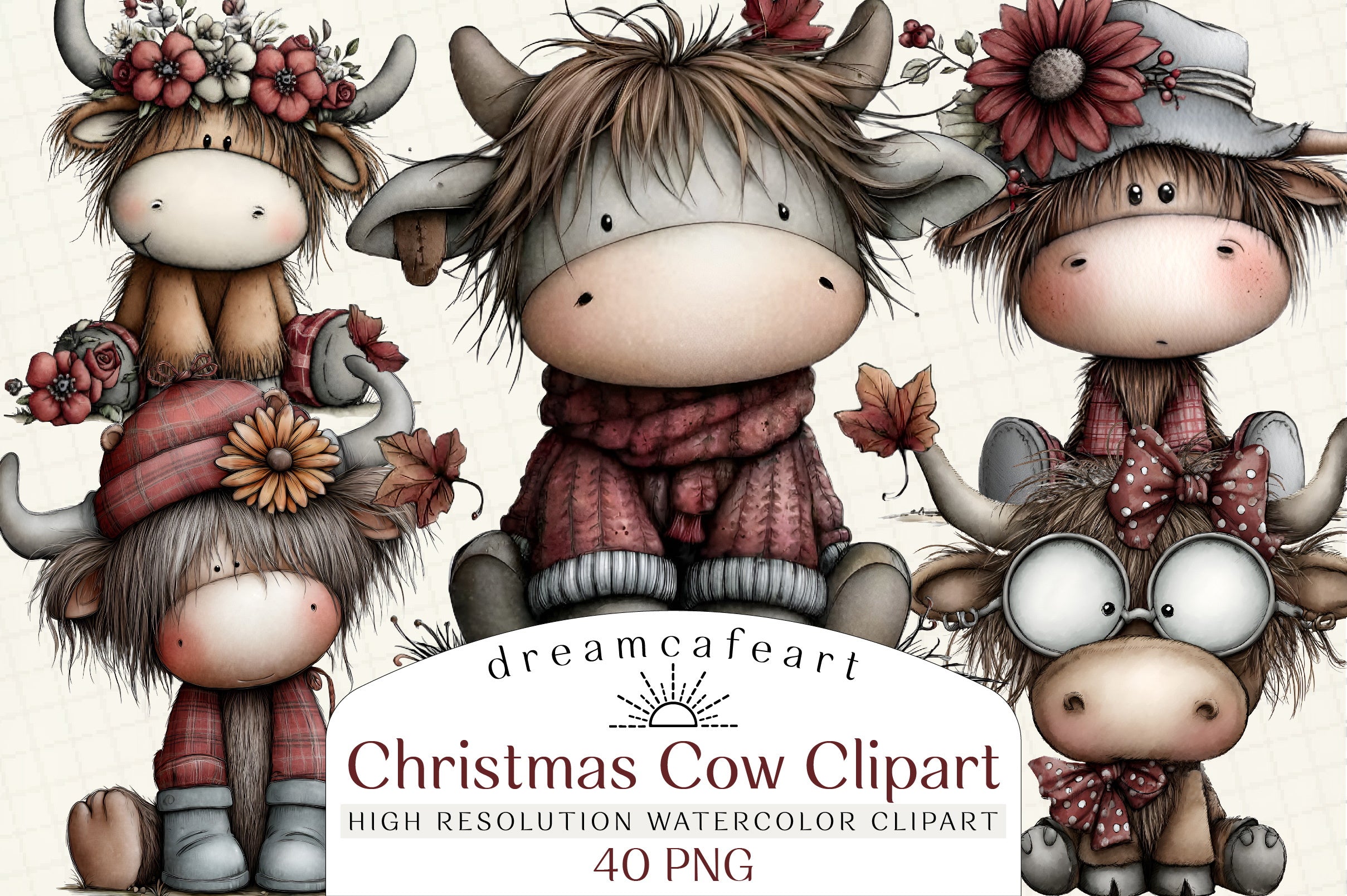 Whimsical Christmas Highland Cow Clipart Bundle
