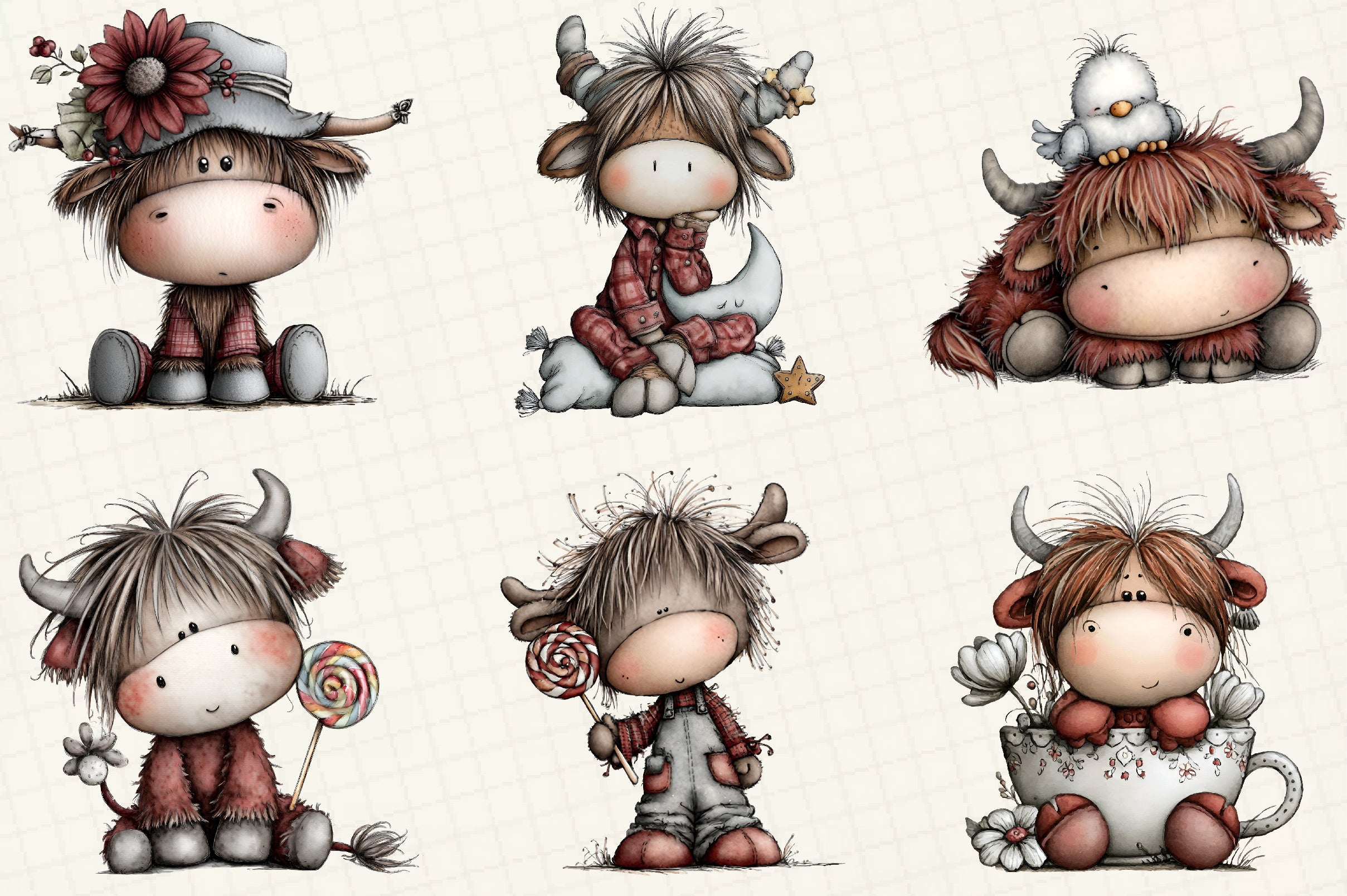 Whimsical Christmas Highland Cow Clipart Bundle