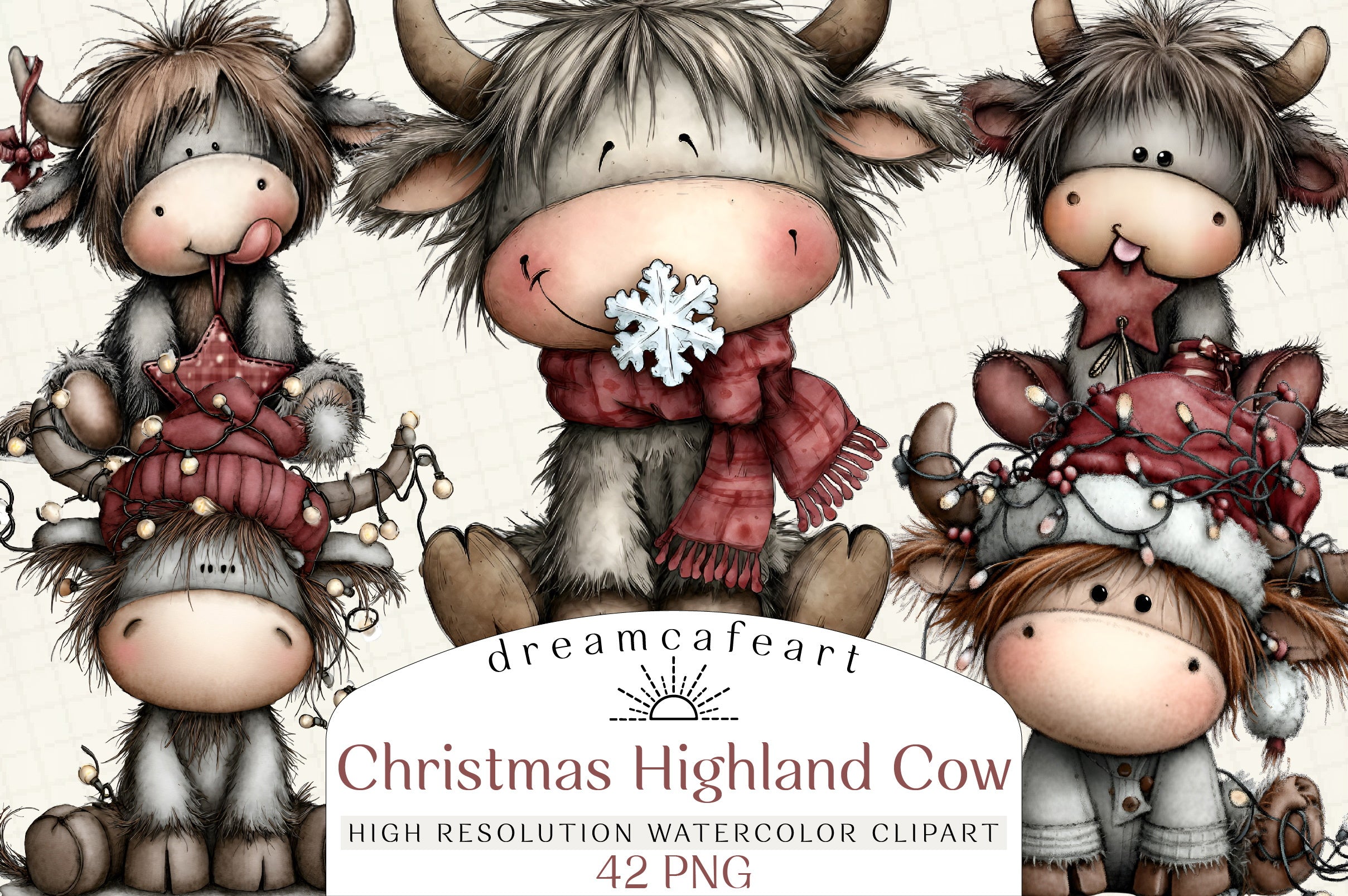 Whimsical Christmas Highland Cow Clipart Bundle