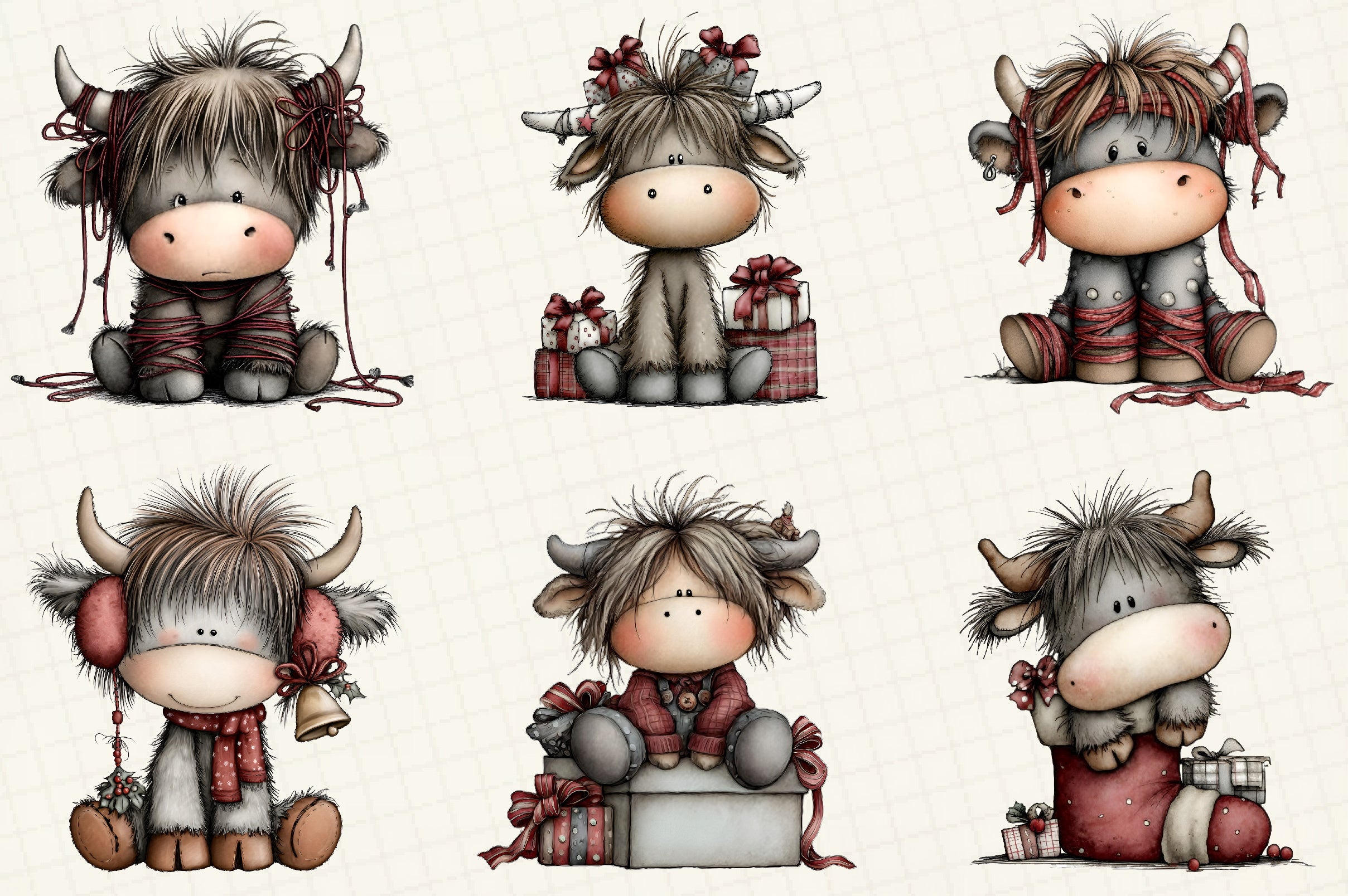 Whimsical Christmas Highland Cow Clipart Bundle