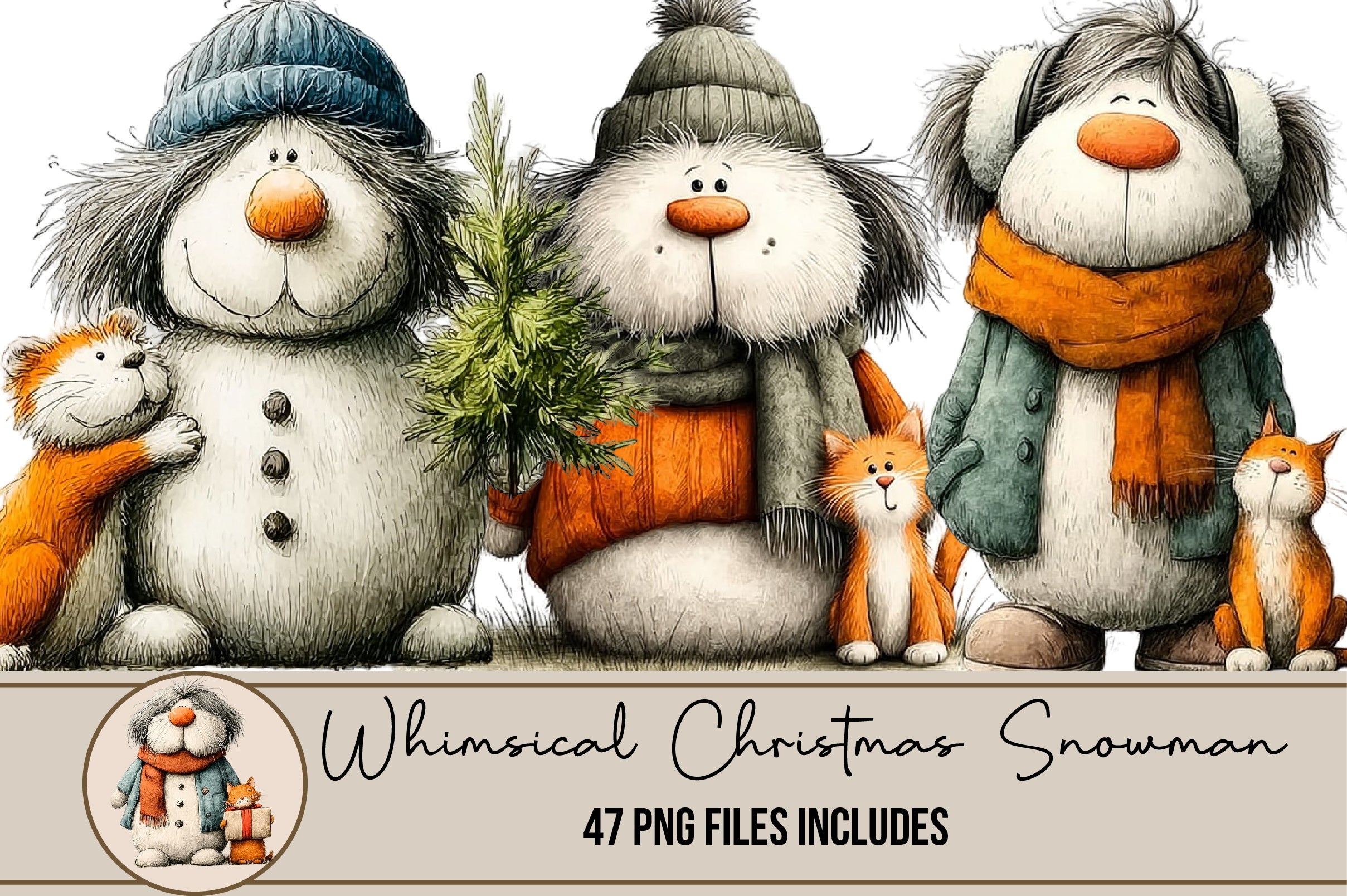 Whimsical Christmas Snowman Clipart Bundle