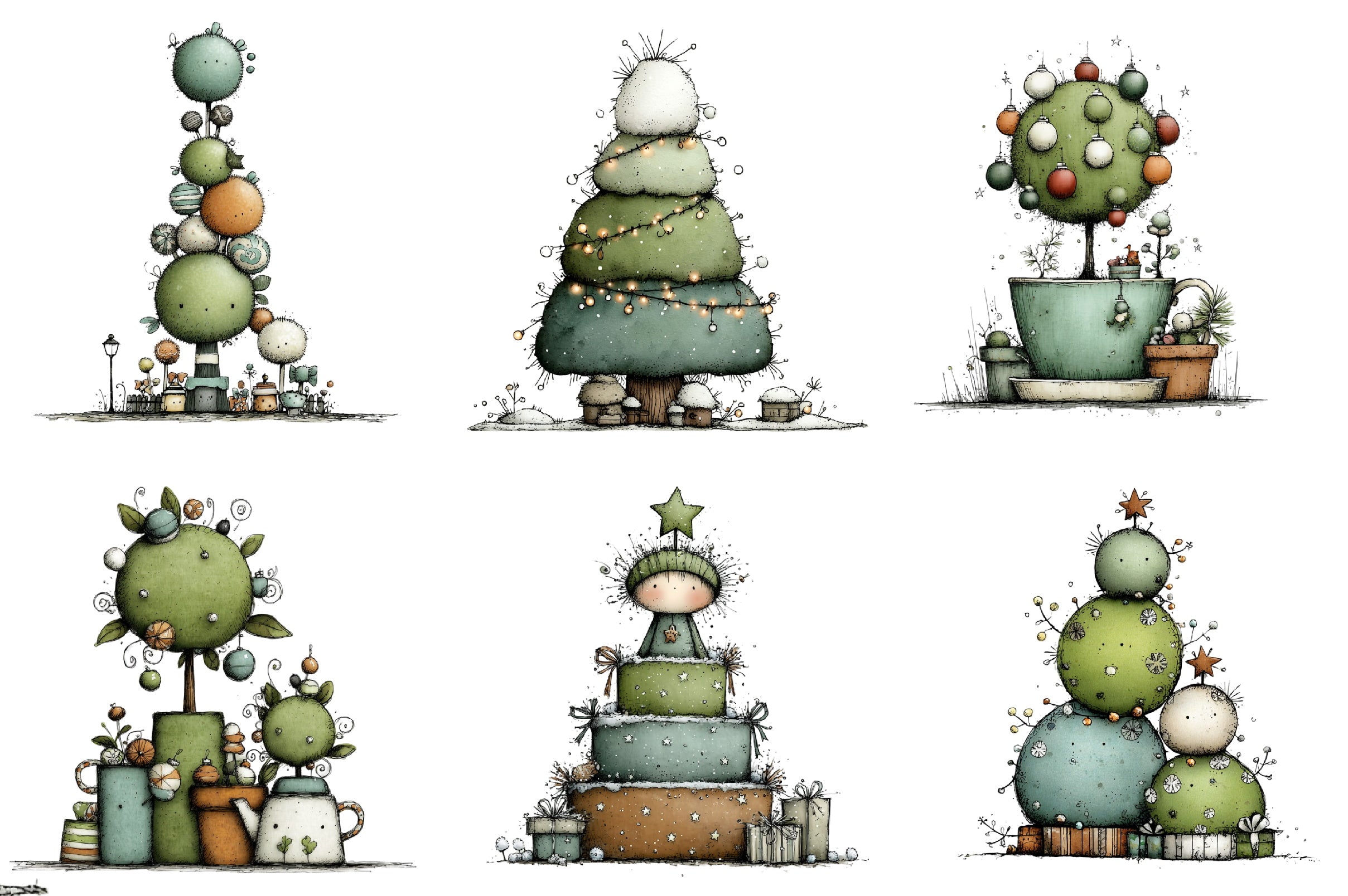 Whimsical Christmas Topiary Trees Clipart Bundle