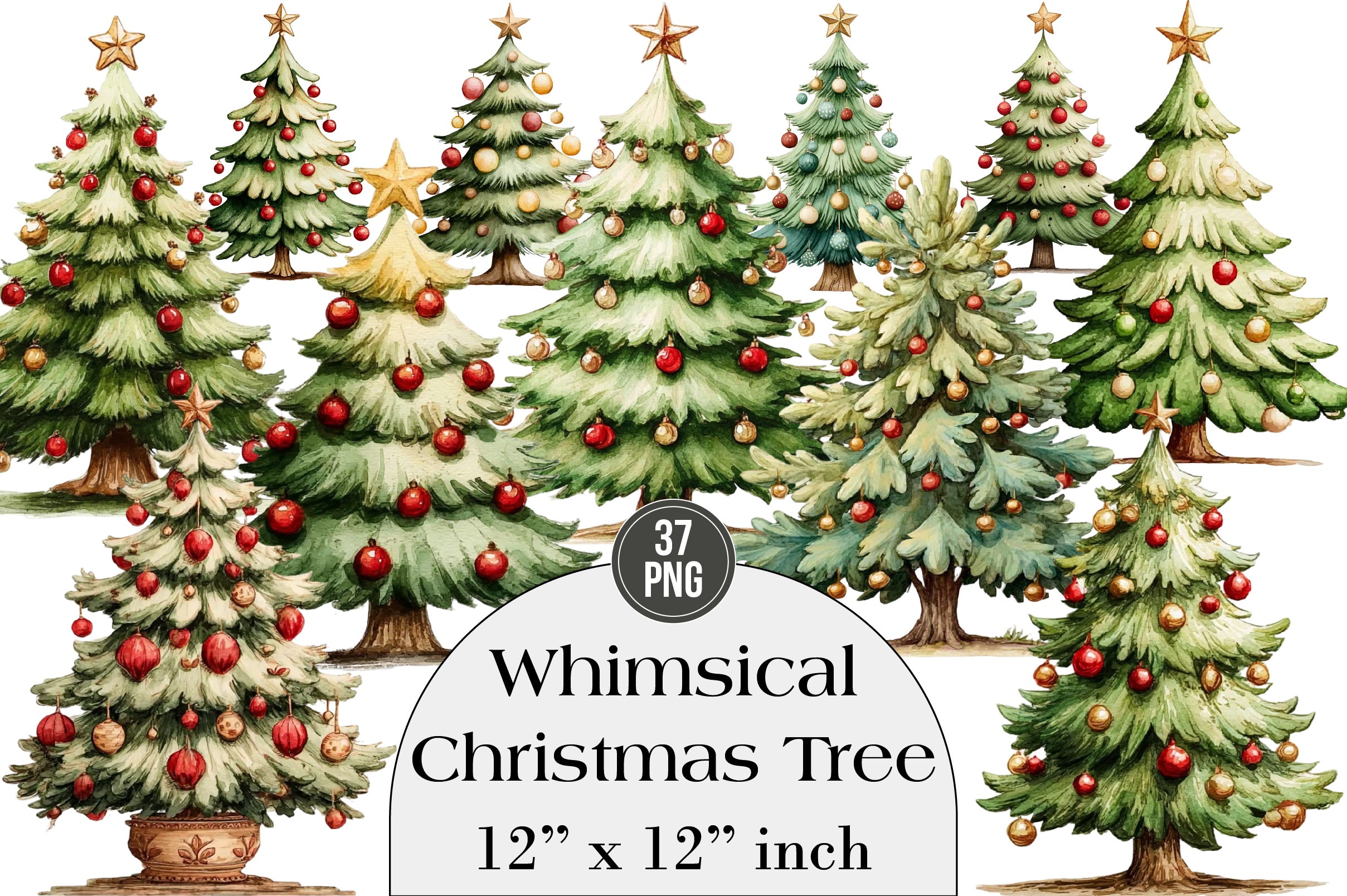 Whimsical Christmas Tree Clipart Bundle