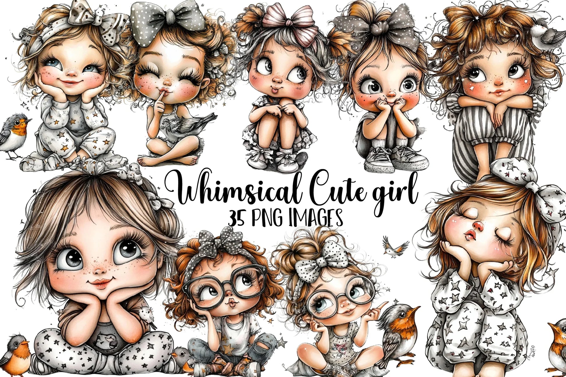 Whimsical Cute Girl Clipart Bundle - CraftNest - Digital Crafting and Art